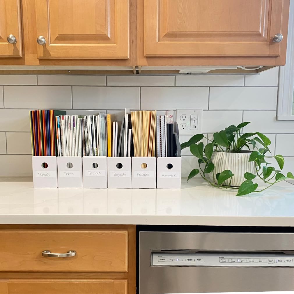 Evelots Magazine File Holder - Set of 12 White - Office Desk Organizer - Sturdy Cardboard - New Upgraded Double Front