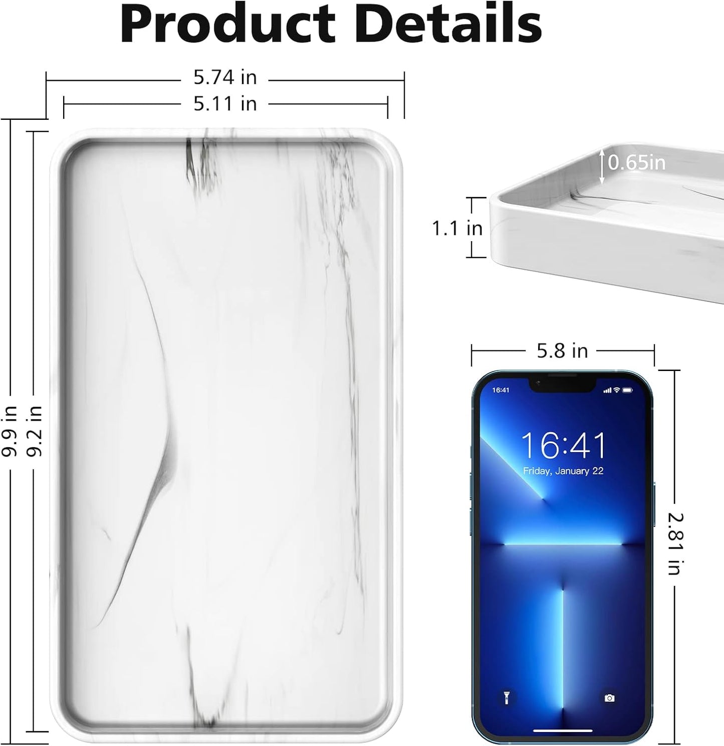 10" Vanity Tray / Marble White / 9.9 x 5.7 x 1.1