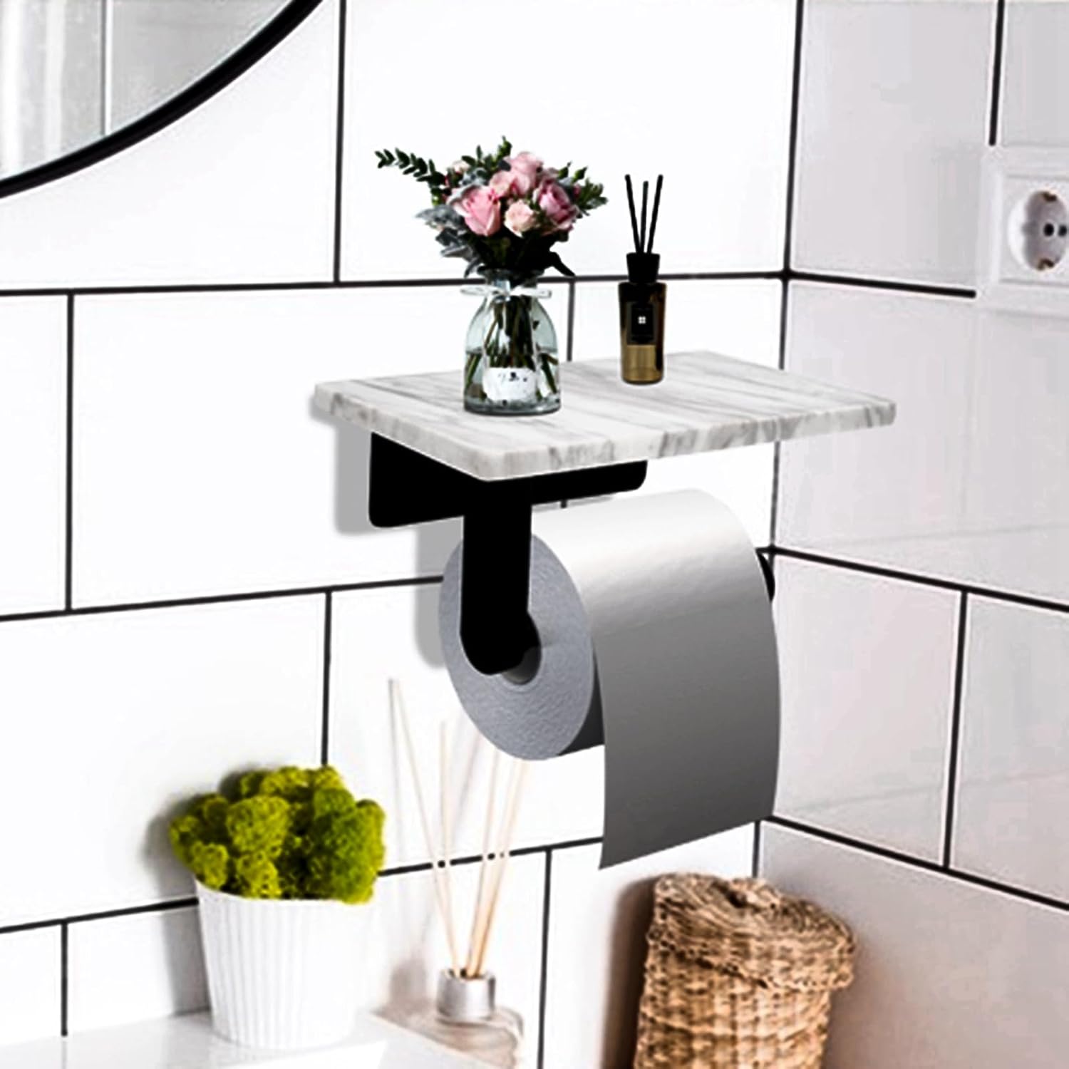 Toilet Paper Holder with Natural Marble Shelf for Bathroom Washroom,Wall Mounted Tissue Holder Suitable for Mega