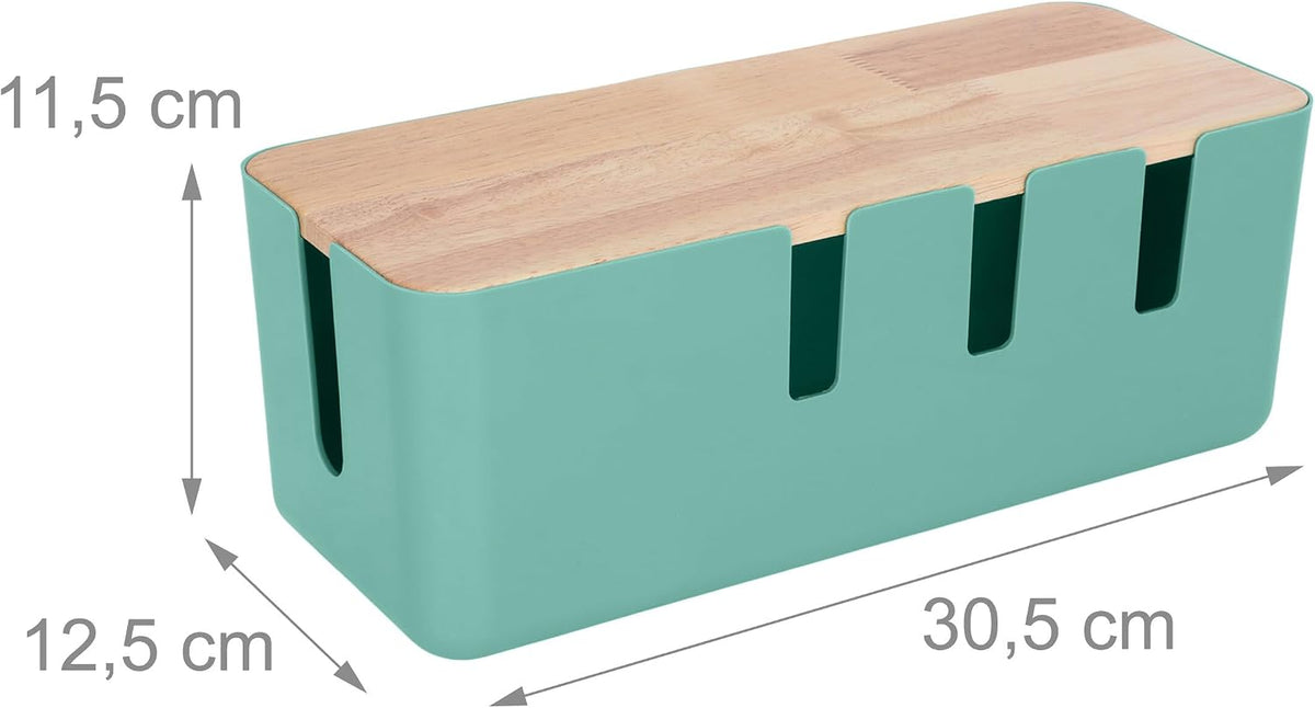 Relaxdays Cable Box for 2-Outlet Strips with Wooden Lid, Plastic, Cable Management, Organizer, 11.5 x 30.5 x 12.5 cm