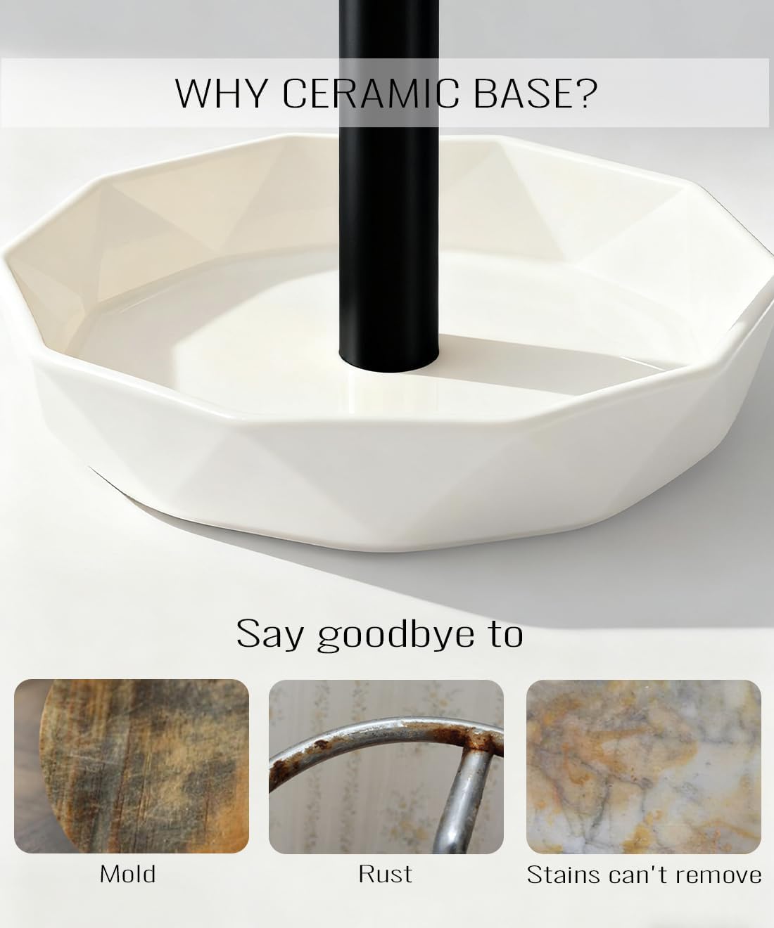 Paper Towel Holder, Ceramic Base Water Resistant, Fits Large Rolls, Black | Easy to Clean and Built to Last,Standing