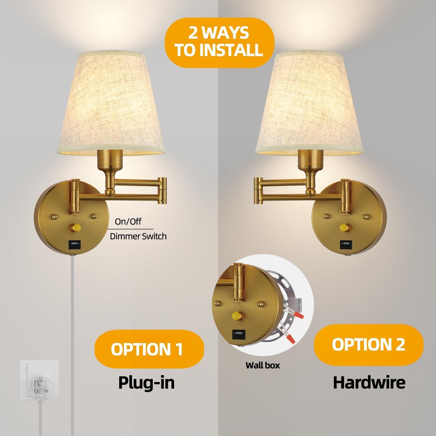 Bedside Wall Mount Light with Dimmable Switch and USB Port, Gold Swing Arm Fabric Shade Wall Sconce Light with Plug in