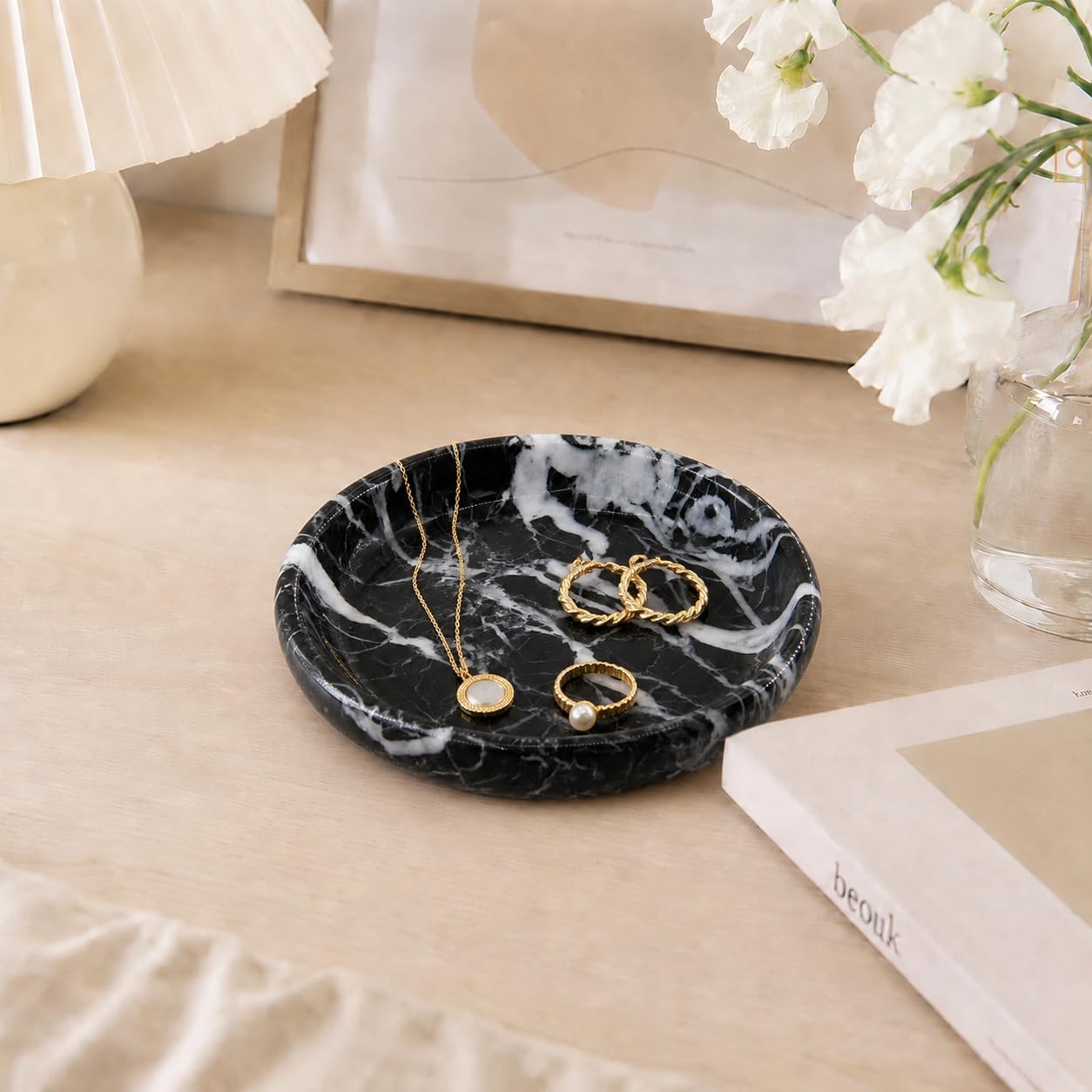Small Natural Marble Jewelry Tray Key Plate Holder Dish Trinket Decor Catch All Bowl / Black