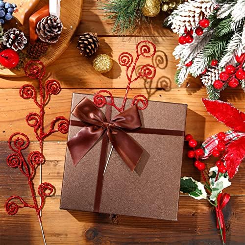 Ysleen 50 Pcs Glitter Tree Picks and Sprays Twigs Branches, Red