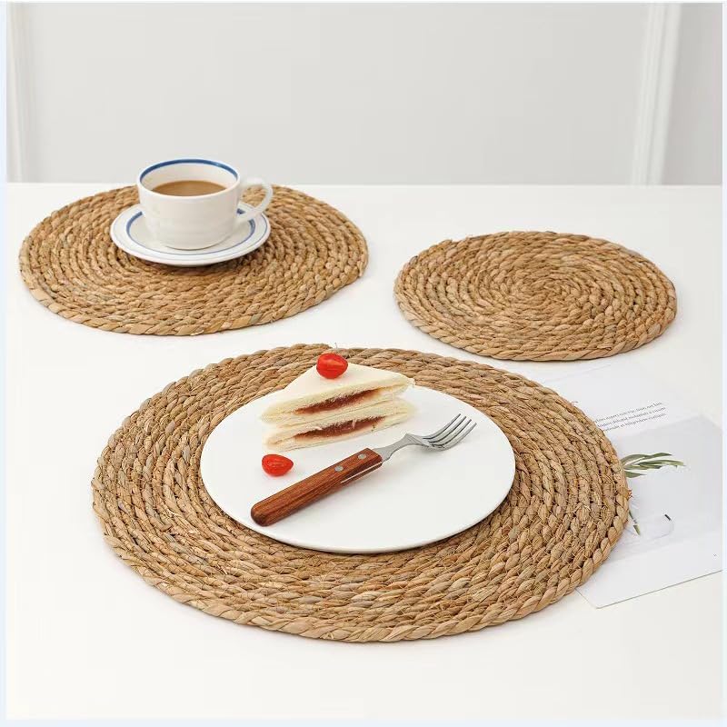 Handmade Heat Resistant 13" Round Woven Placemats Set of 8, Wicker Boho No Chemical Natural Water Hyacinth Place Mats