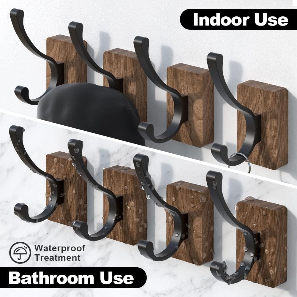 Walnut Wood Wall Hooks Adhesive Mounted & Wall Mounted / Hooks-double Hooks / Black / Set of 4