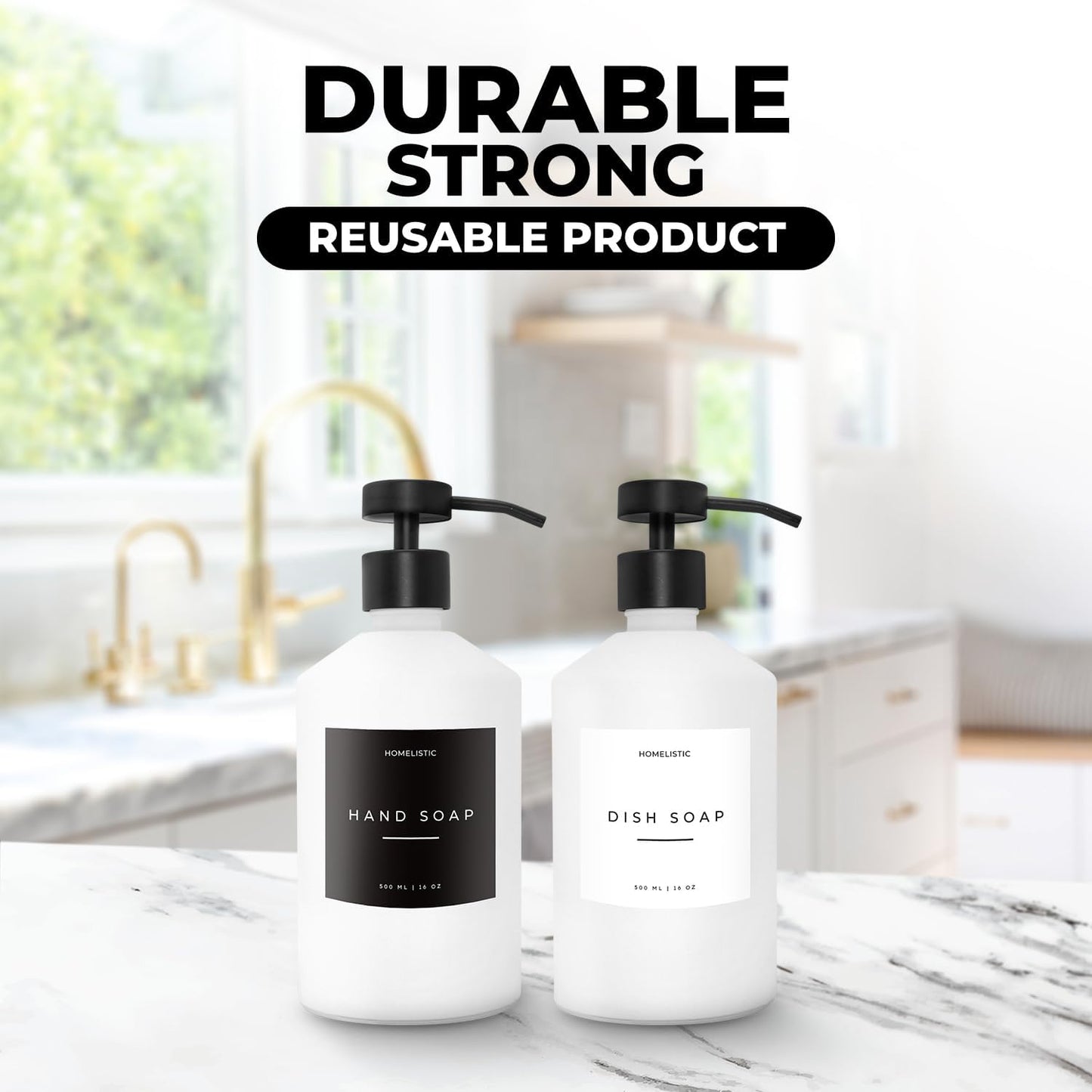 Luxury Glass Soap Dispenser Set of 2 - Elegant Aesthetic White Glass Bottles with Modern Matte Black Stainless Steel