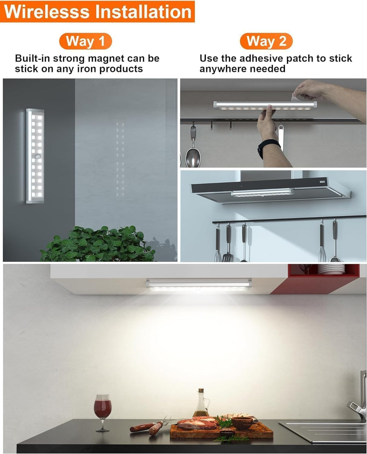 Under Cabinet Lighting Wireless, RGB LED Closet Lights, 4 Pack | 58 LEDs,Rechargeable Motion Sensor Light Indoor