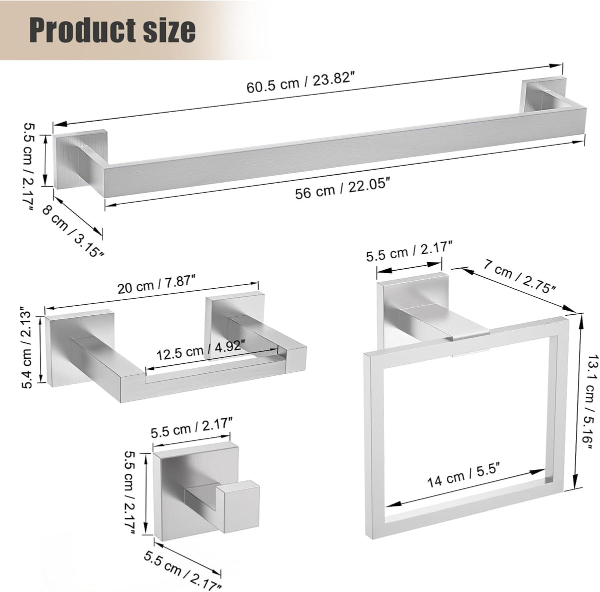 TQKAG Brushed Nickel Bathroom Accessories 5 Pieces Towel Racks for Bathroom | 23.82 Inch Bathroom Hardware Set Include