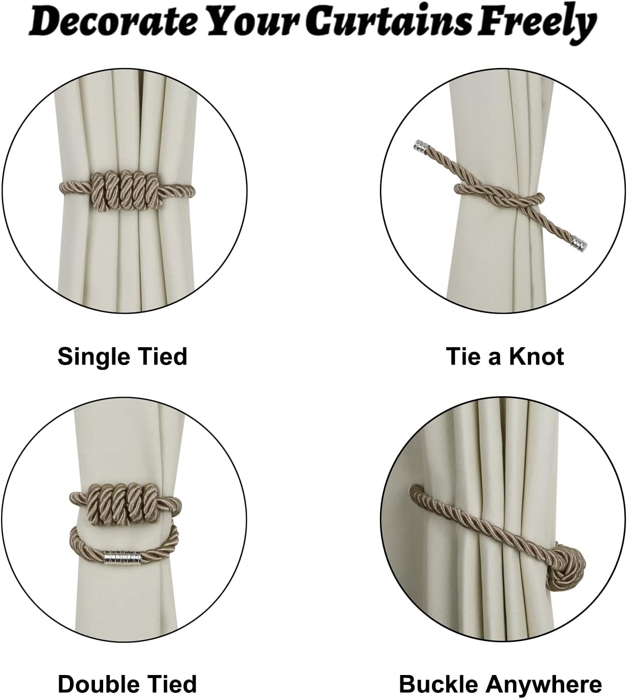 BEL AVENIR Magnetic Curtain Tiebacks 6 Pack Hand-Woven Curtain Ties | Flaxen Decorative Curtain Holdbacks Bohemian