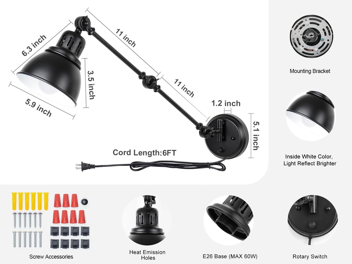 GOODATE 1 Pack Plug in Wall Sconce, Dimmable On Off Switch, Swing Arm Wall Lamp, Black Metal Industrial, Plug in Wall