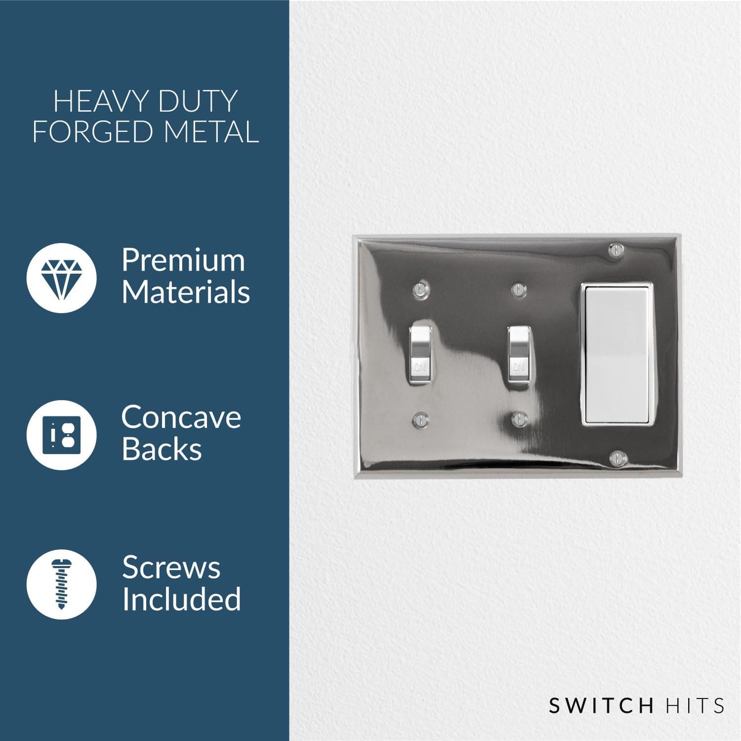 Polished Nickel Outlet Wall Plate | 2 Toggle - 1 GFI Rocker | 6.25" x 4.5" | Hand-Polished Brass Construction
