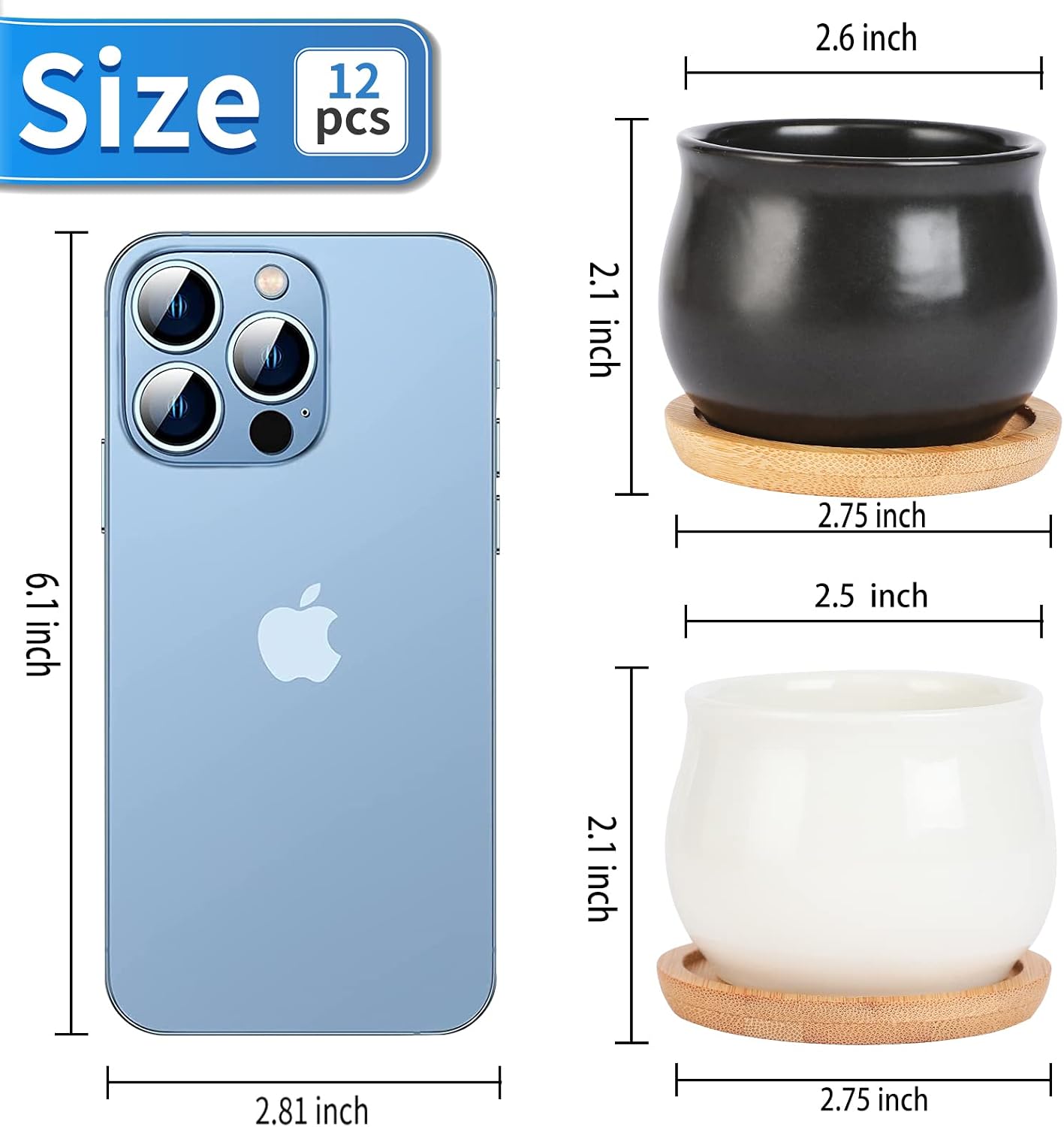 Mini Ceramic Flower Planter Pot / Black,white / 2.6 Inch / Set of 12