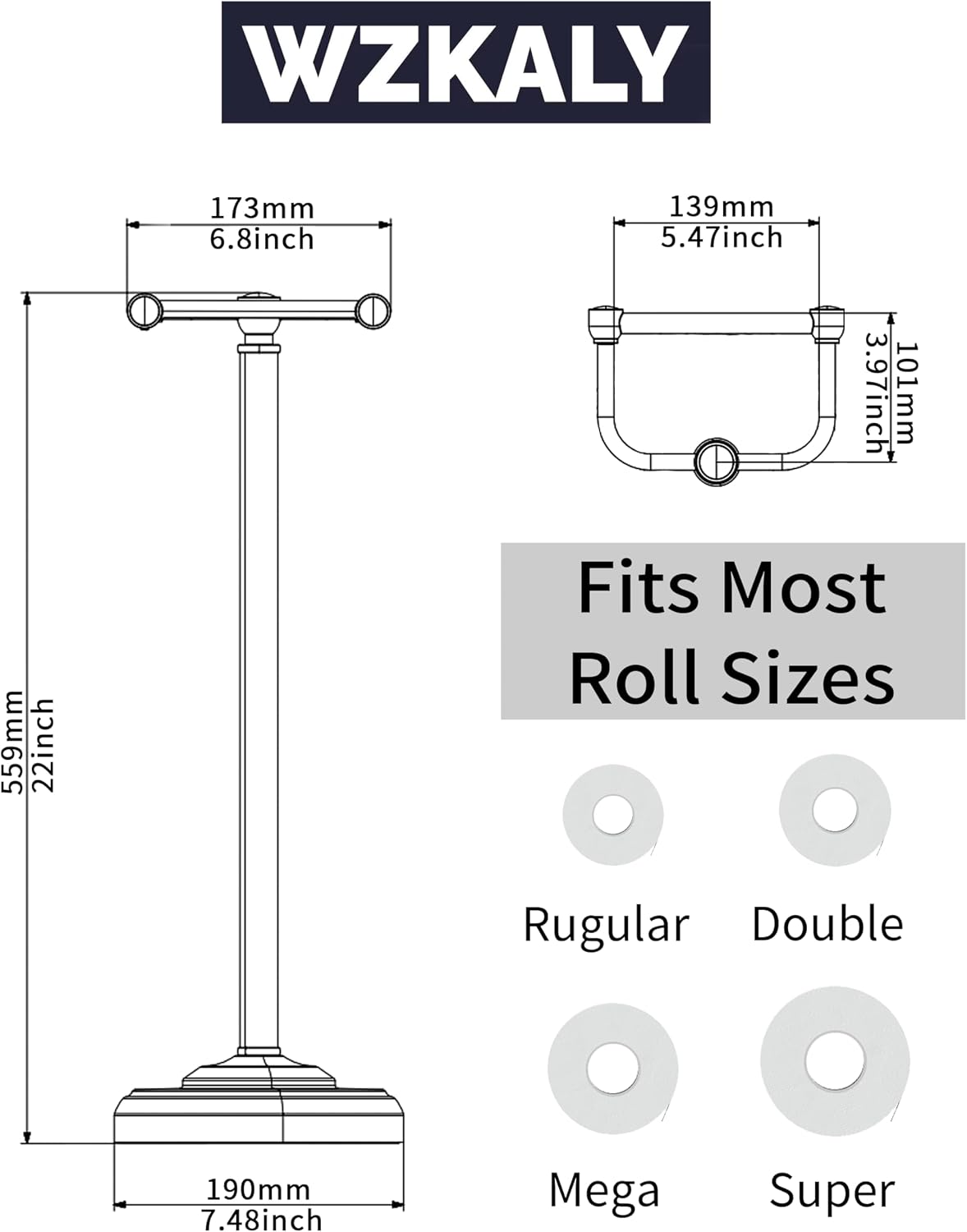 Black Toilet Paper Holder Stand Stainless Steel & Stable Weight Base | Post Pivoting Design Easy to Change Roll, Mega