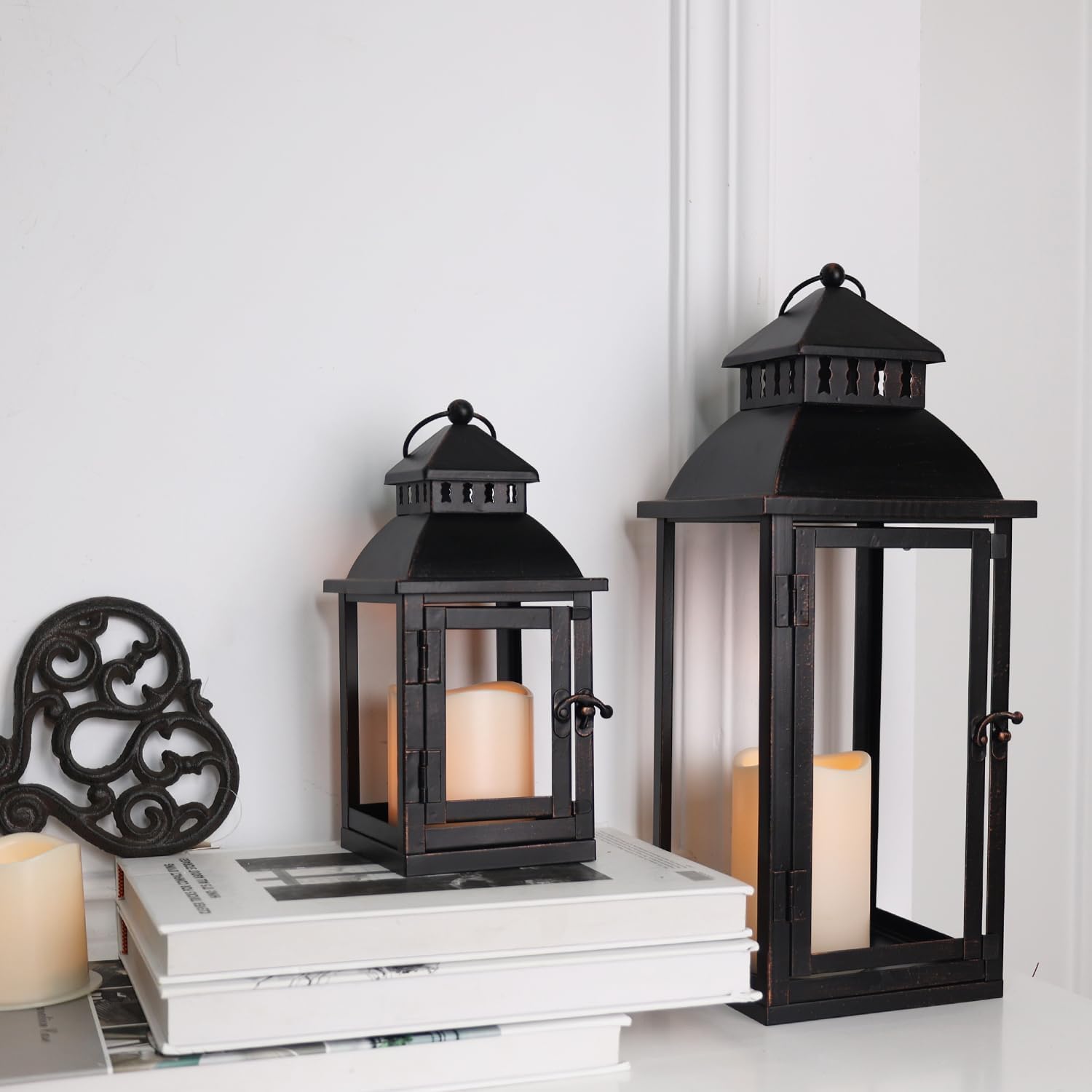 NEEDOMO LED Lanterns Decorative Outdoor&Indoor, Set of 2 Large Bronze Metal Lantern Decor with LED Candle, Lantern