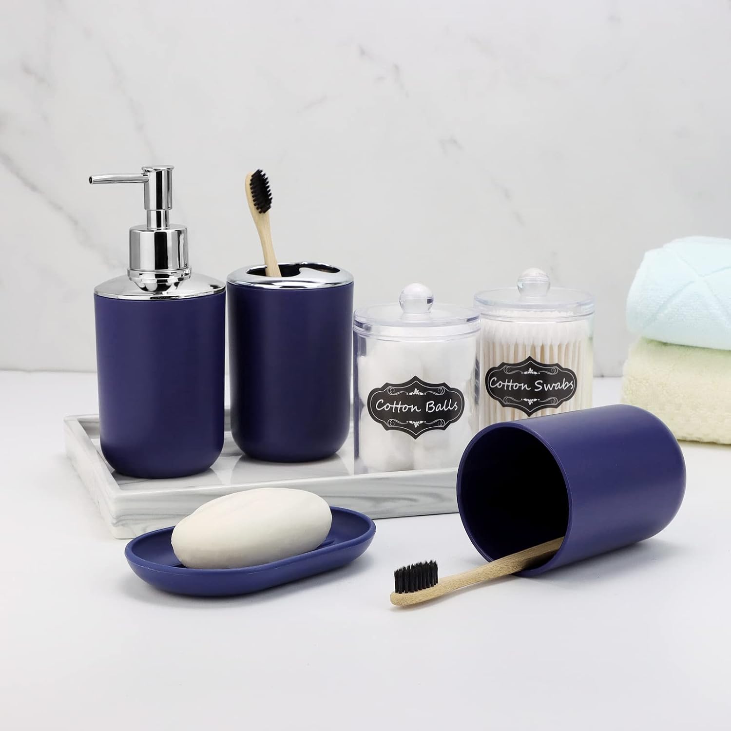 IMAVO Bathroom Accessories Set,Navy Blue Bathroom Set,9 Pieces Bathroom Accessory Set,Tray,Qtip Holders,Toilet