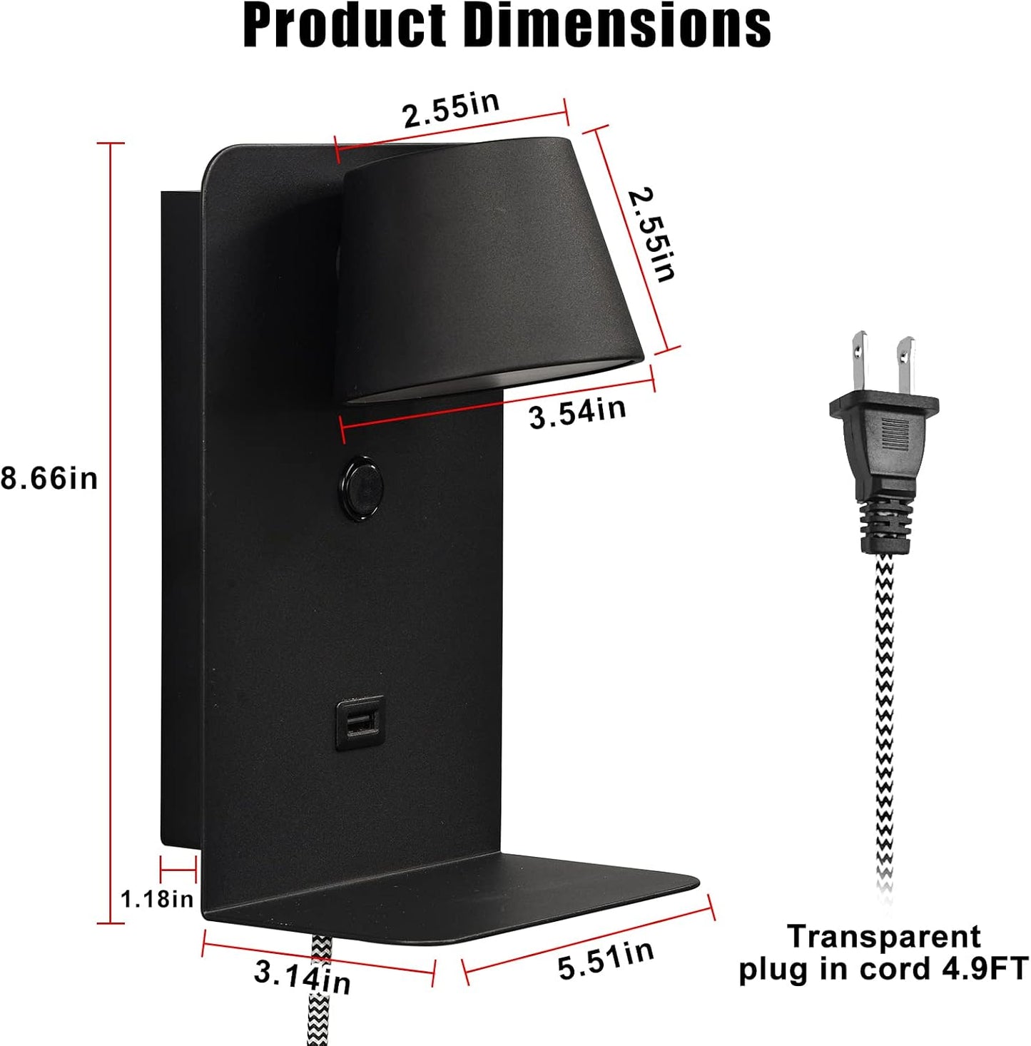 Modern Rotatable LED Reading Plug in Wall Sconce for Bedroom, Black,(Small) | Sturdy all-metal construction, energy