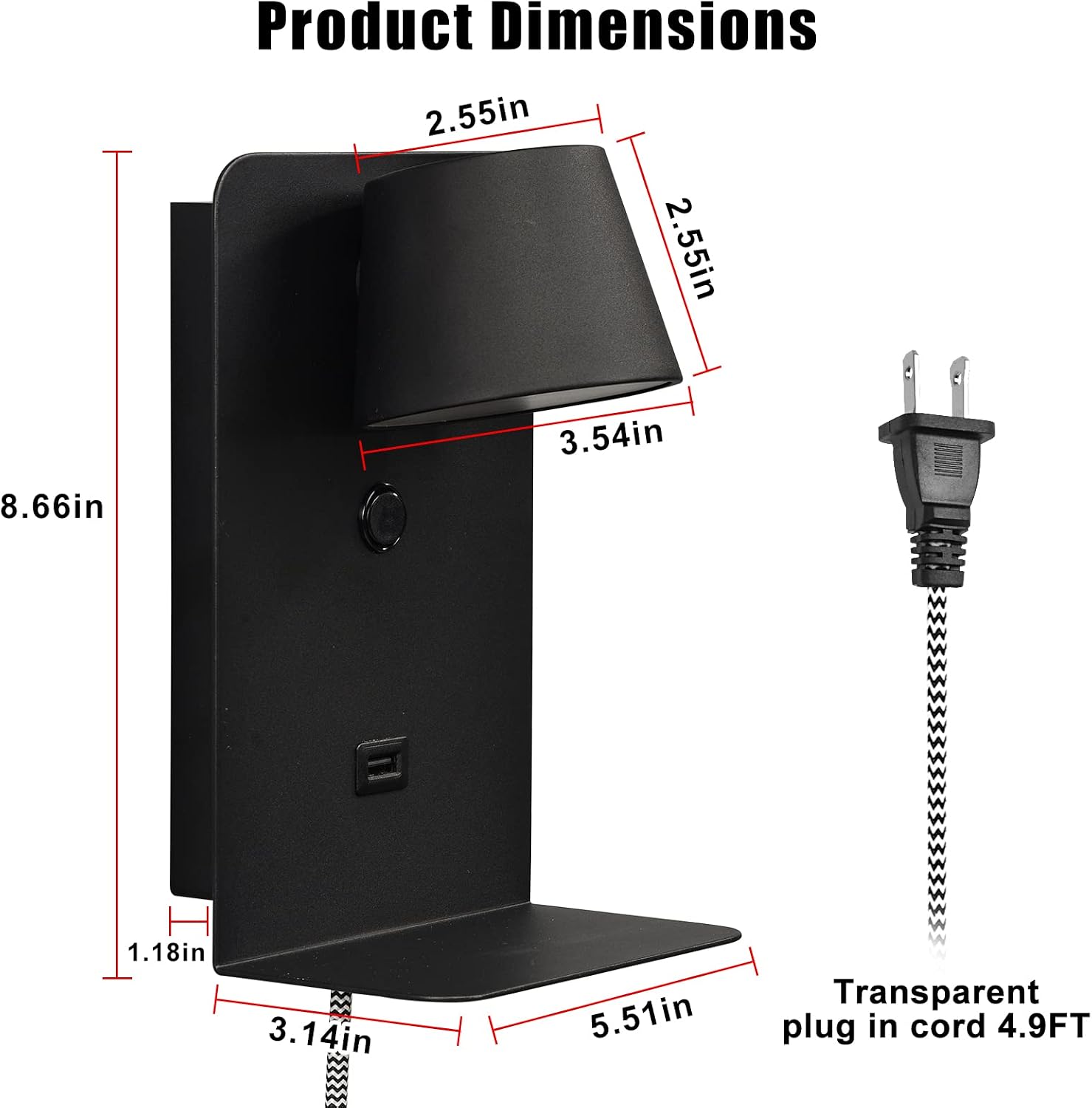 Modern Rotatable LED Reading Plug in Wall Sconce for Bedroom, Black,(Small) | Sturdy all-metal construction, energy