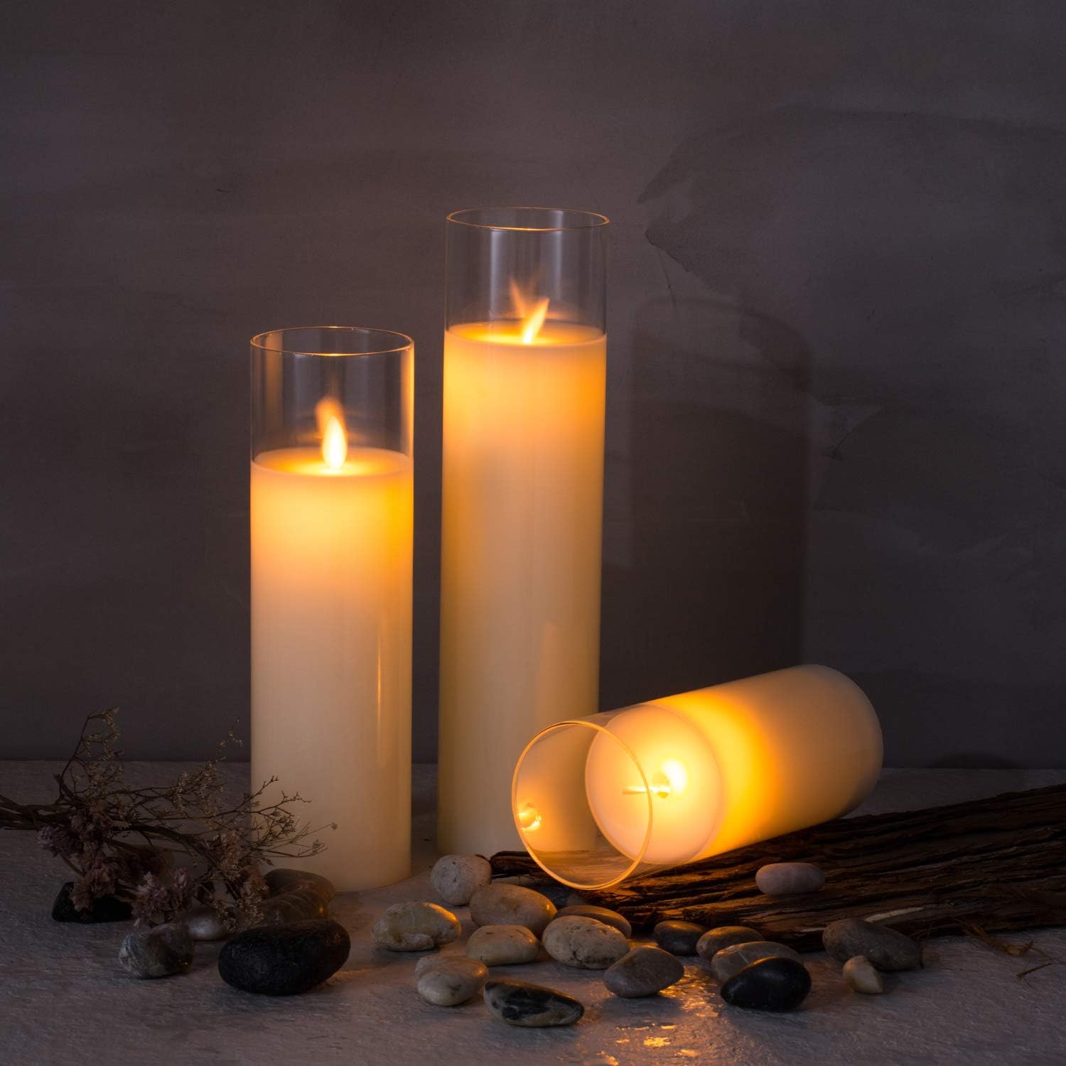 AKU TONPA Pack of 3 Flameless Candles Battery Operated Real Wax Glass Flickering LED Candle Sets with Remote Control