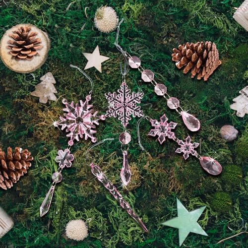 Crystal Christmas Tree Ornaments, Pink Acrylic Snowflake & Icicle, 32pcs