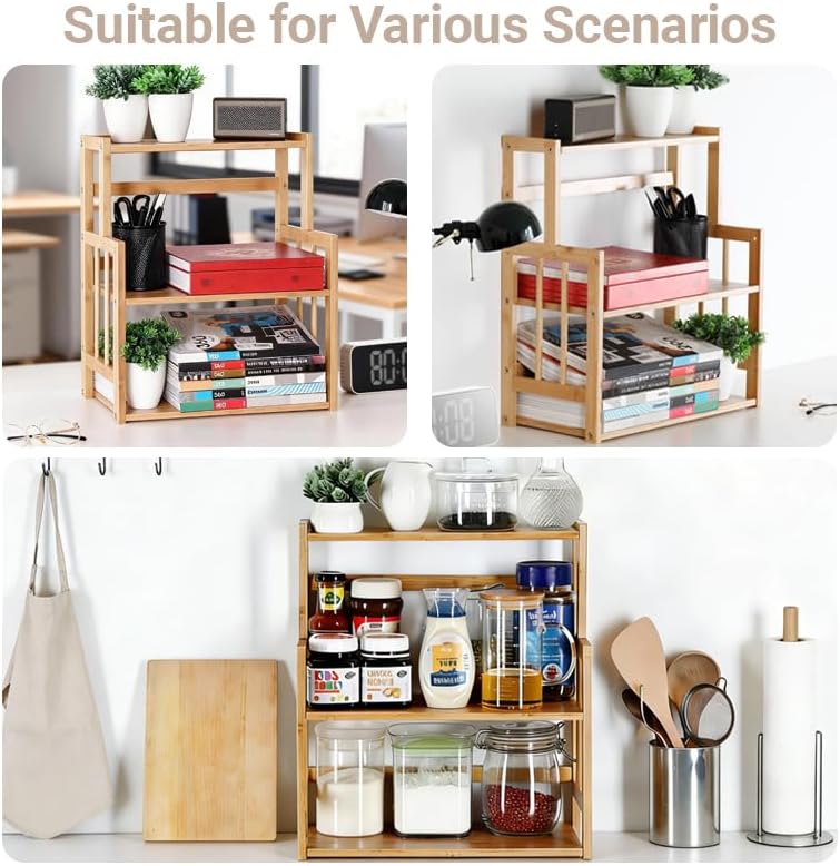 Bamboo Spice Rack 3-Tier Kitchen Countertop Organizer, Adjustable Shelf Pantry Storage Stand for Herbs, Jars, and