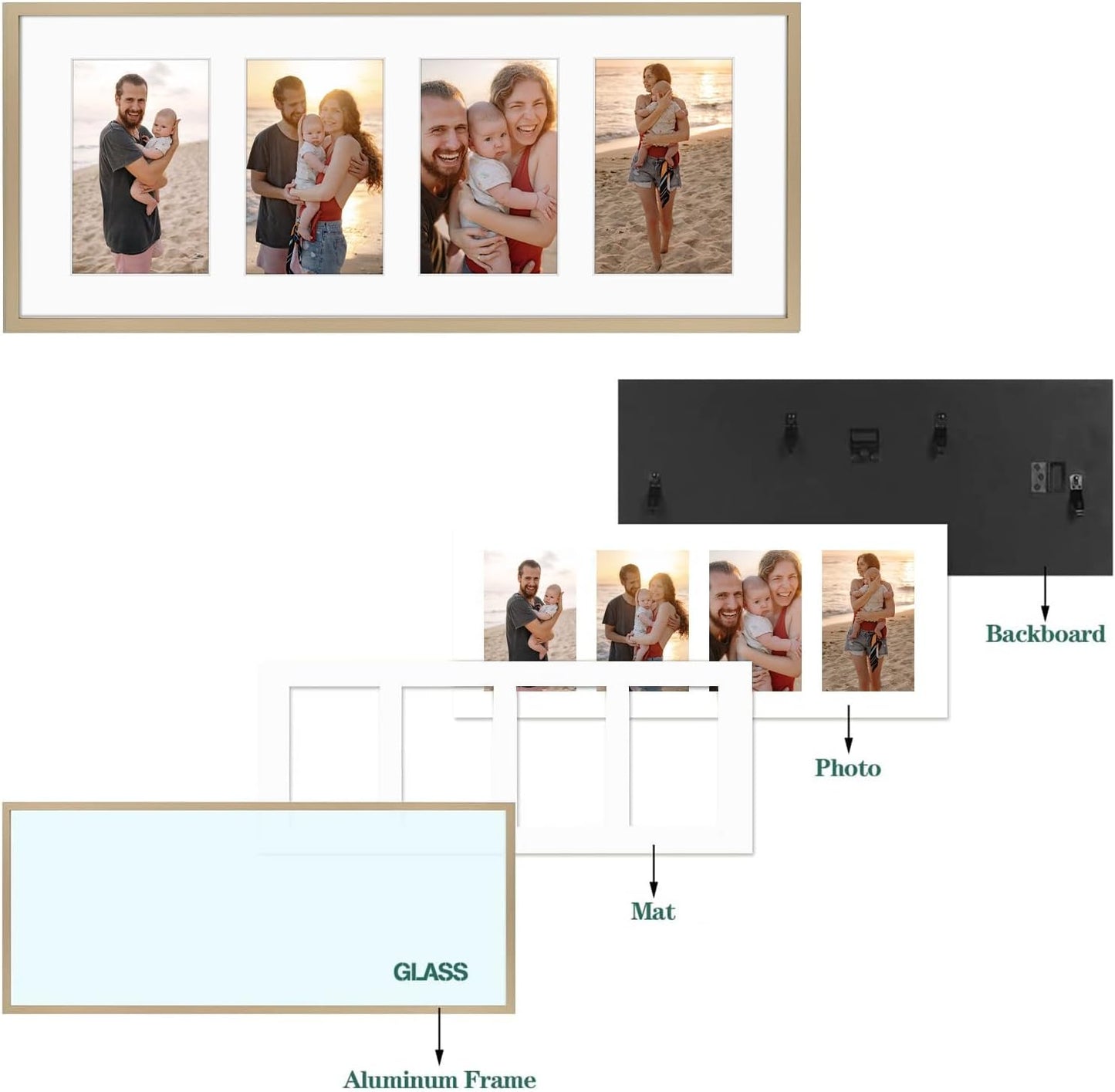 Golden State Art 8x20 Collage Frame w/Mat for 4 4x6 Photos Gold 2 Pack | Aluminum Picture Frame with Real Glass Front