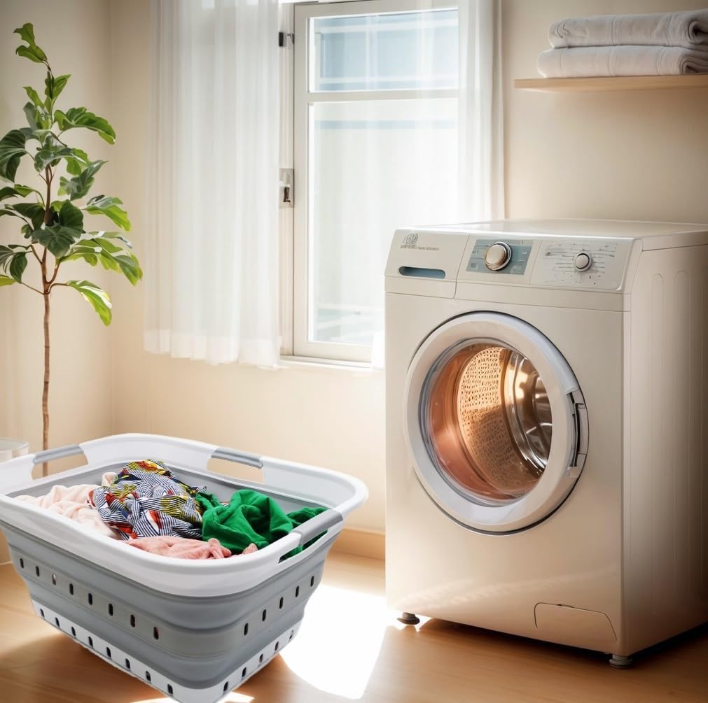 42L Collapsible Plastic Laundry Basket / White/grey