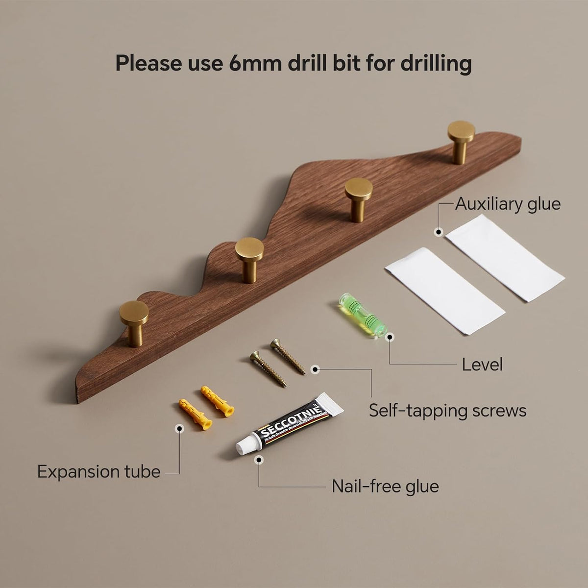 Wall Coat Rack, Walnut Wood, 4 Hooks | Elegant, Solid Coat Hanger Wall Mount, 4 Brass Hooks, Moisture-Resistant Wax Oil