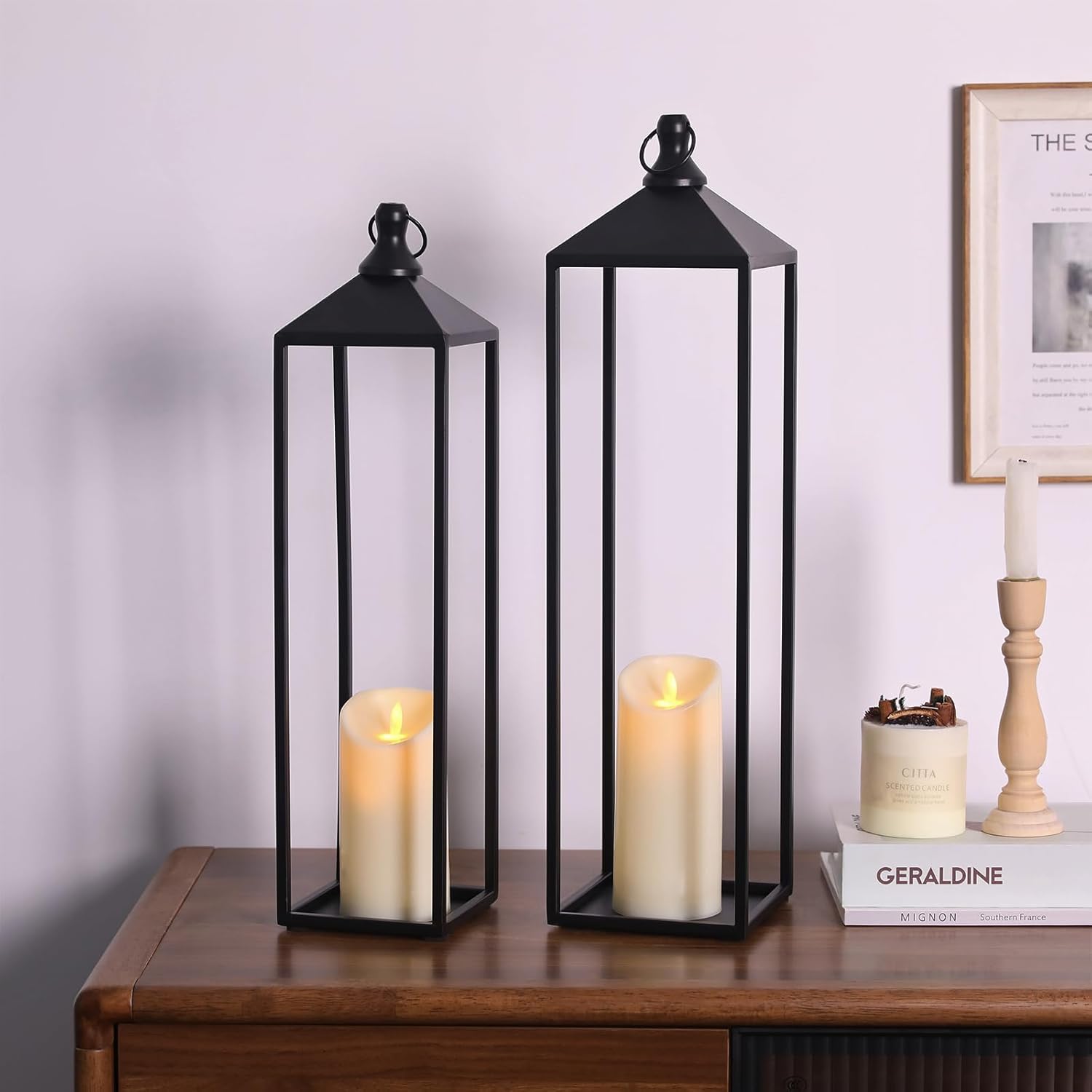 22'' 19'' Large Lanterns Decorative Outdoor Indoor, Set of 2 Candle Lantern | Black Metal Floor Lanterns Decorative for