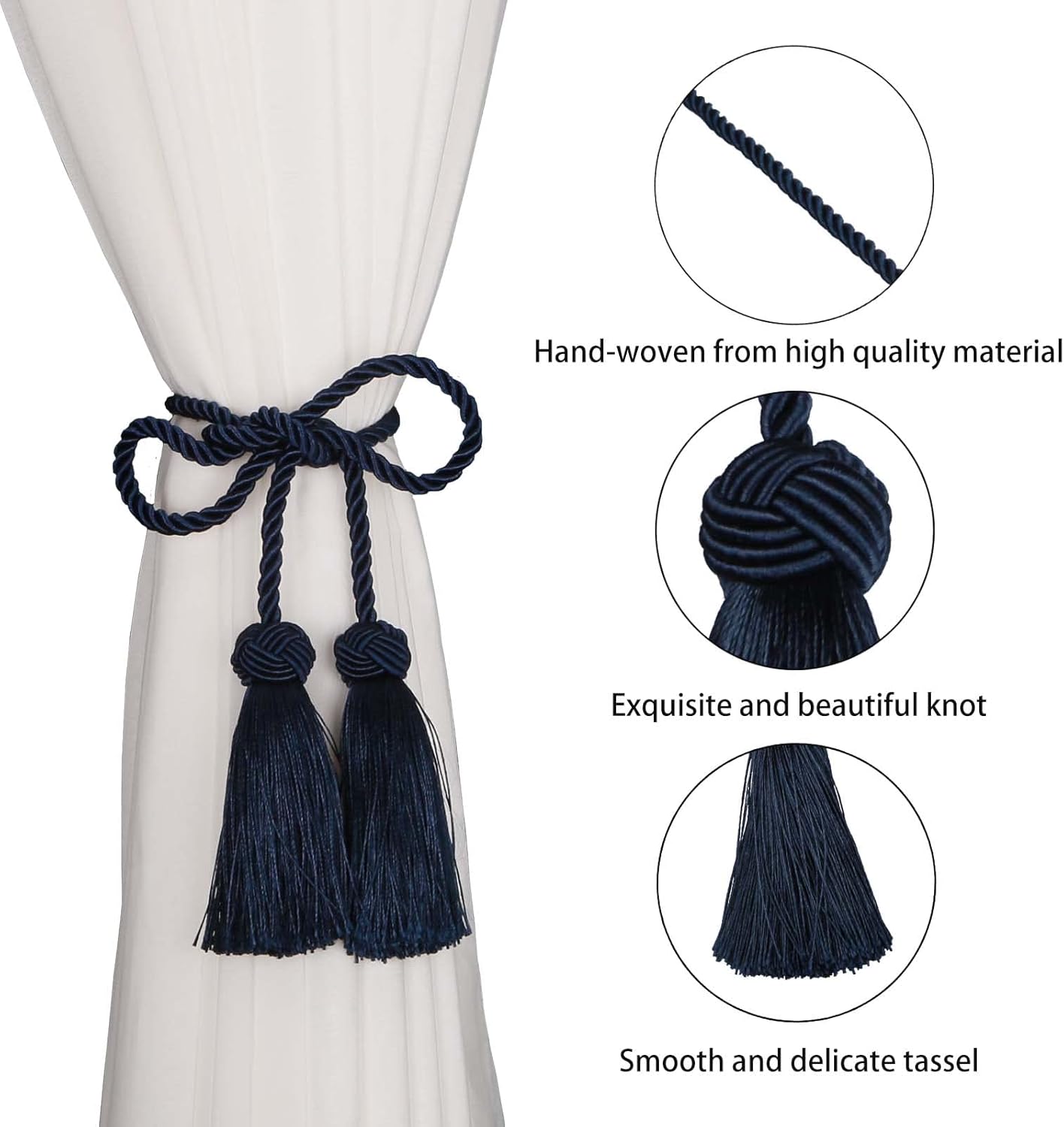 BEL AVENIR 6 Pack Handmade Rope Tassel Curtain Tiebacks | Decorative Curtain Holdbacks with Tassel (Navy, 6 Pack)