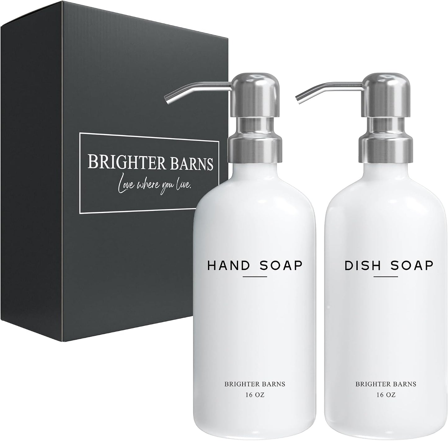 White Glass Hand and Dish Soap Dispenser Set by Brighter Barns - Modern Kitchen Soap Dispenser Set & Pump for Sink