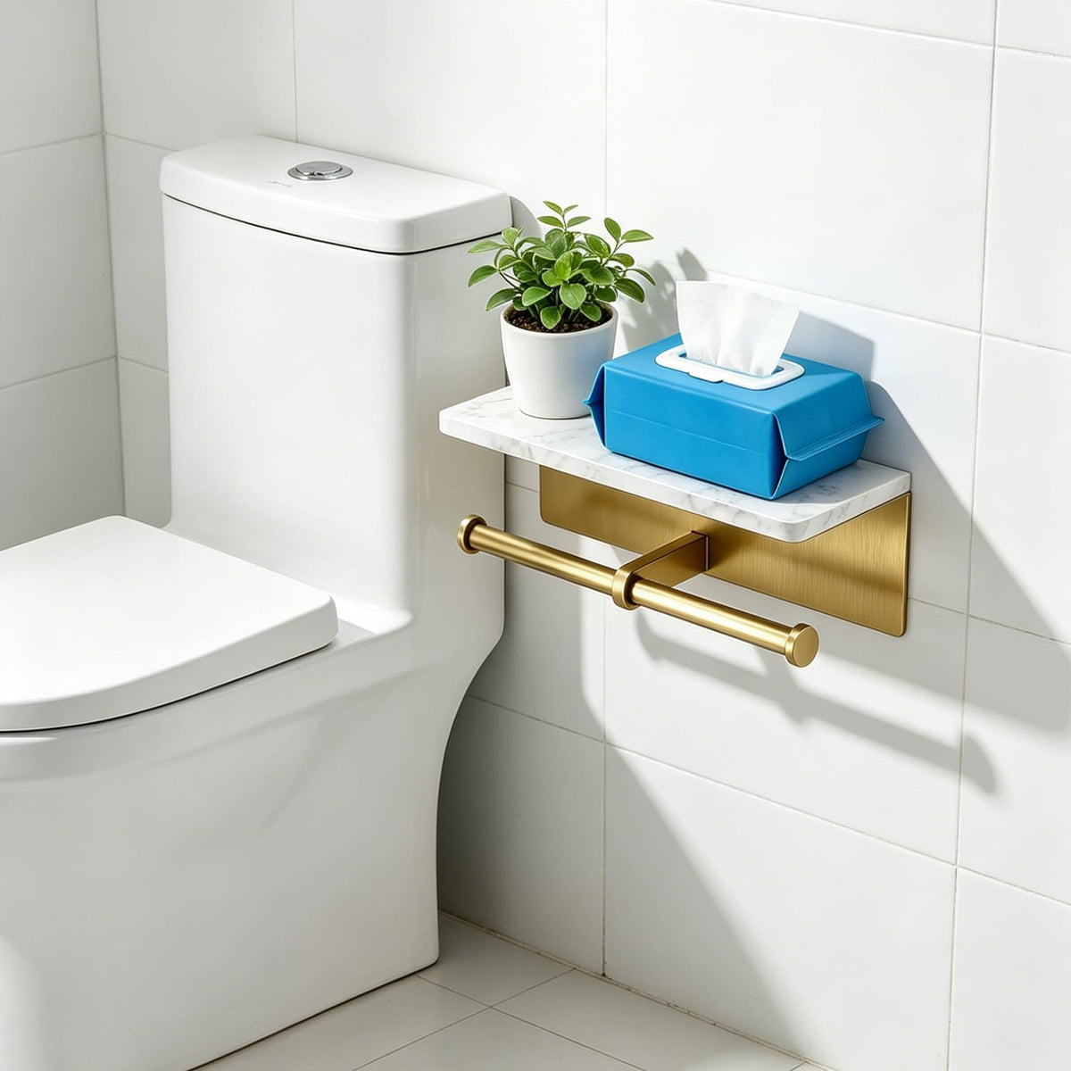 Brushed Gold Toilet Paper Holder Wall Mount, NEWRAIN Rustproof Commercial Double Toilet Tissue Holder with Marble Phone