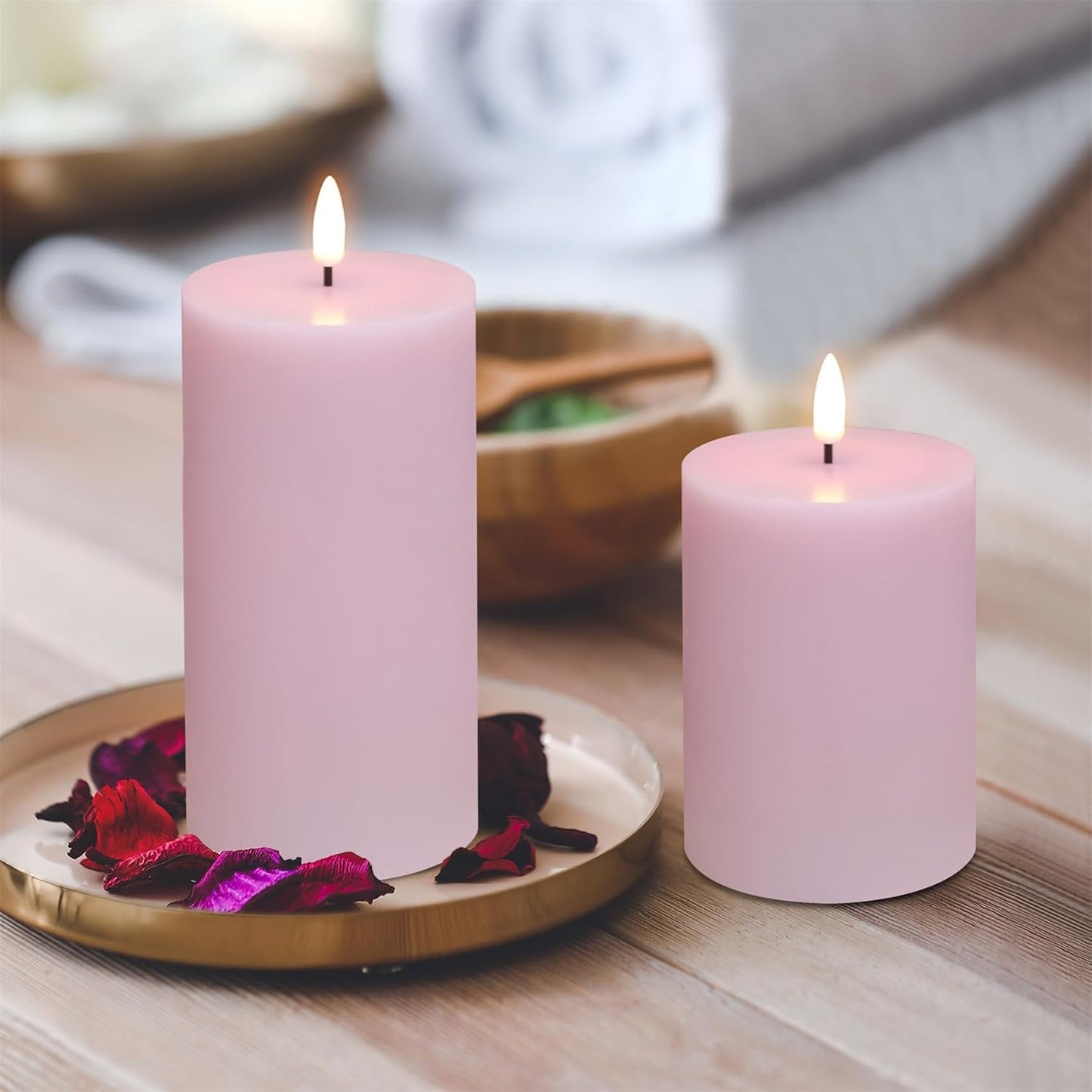 Pink Flameless Pillar Candles with Remote Set of 3 | Flickering LED Candles, 2 AA Battery Power, Flat Top Real Wax