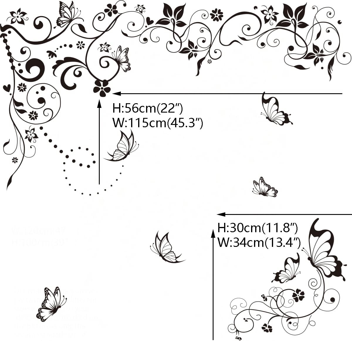 Hanging Flower Vine Wall Stickers Black Floral Butterfly Wall Decals / Black Vines Butterfly