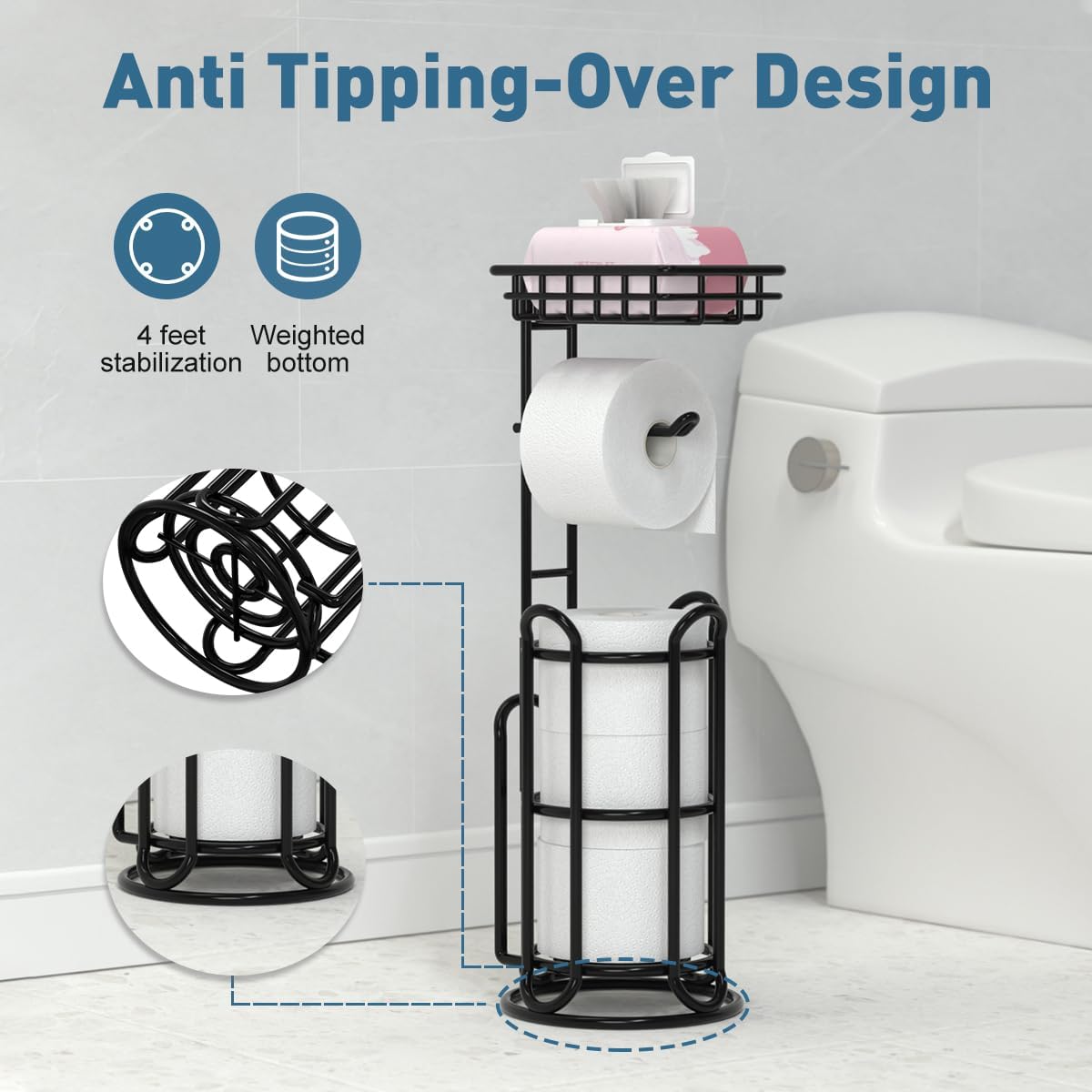 [Upgrade] Toilet Paper Holder Stand with Shelf Tissue Holders for Bathroom Free Standing Bath Tissue Roll Holder