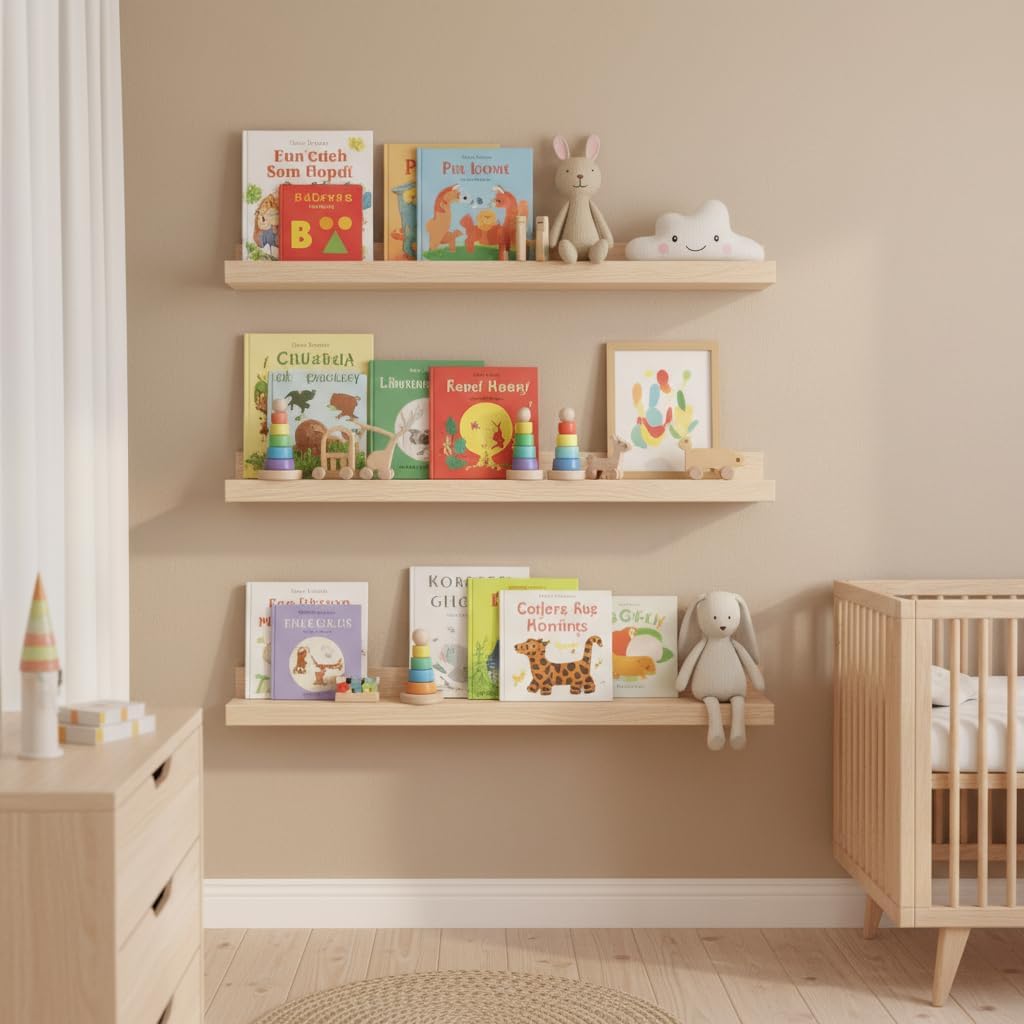 MBYD 36 Inch Natural Wood Floating Picture Ledge Shelf, Wall Mounted Nursery Bookshelf for Kids Books, Vinyl Records &