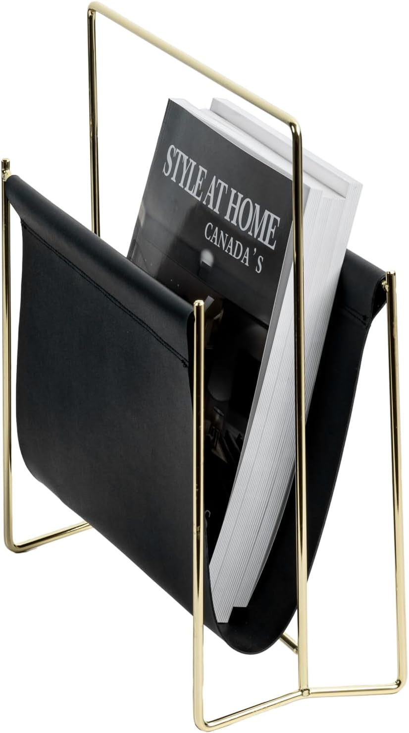 MyGift Black Leatherette Magazine Holder with Gold Metal Frame, 13 Inch | Sleek sling-style organizer keeps magazines