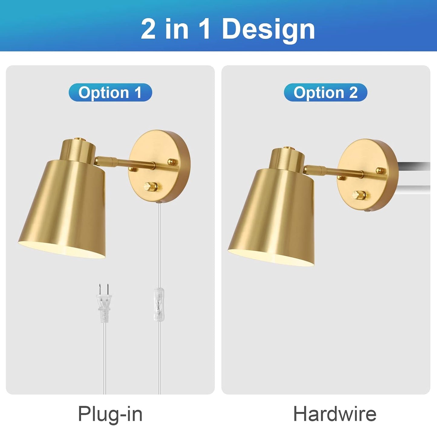 VATONI Plug in Wall Sconces, Dimmable Wall Sconces Adjustable Angle Wall Lights with Plug in Cord and Dimmer On/Off
