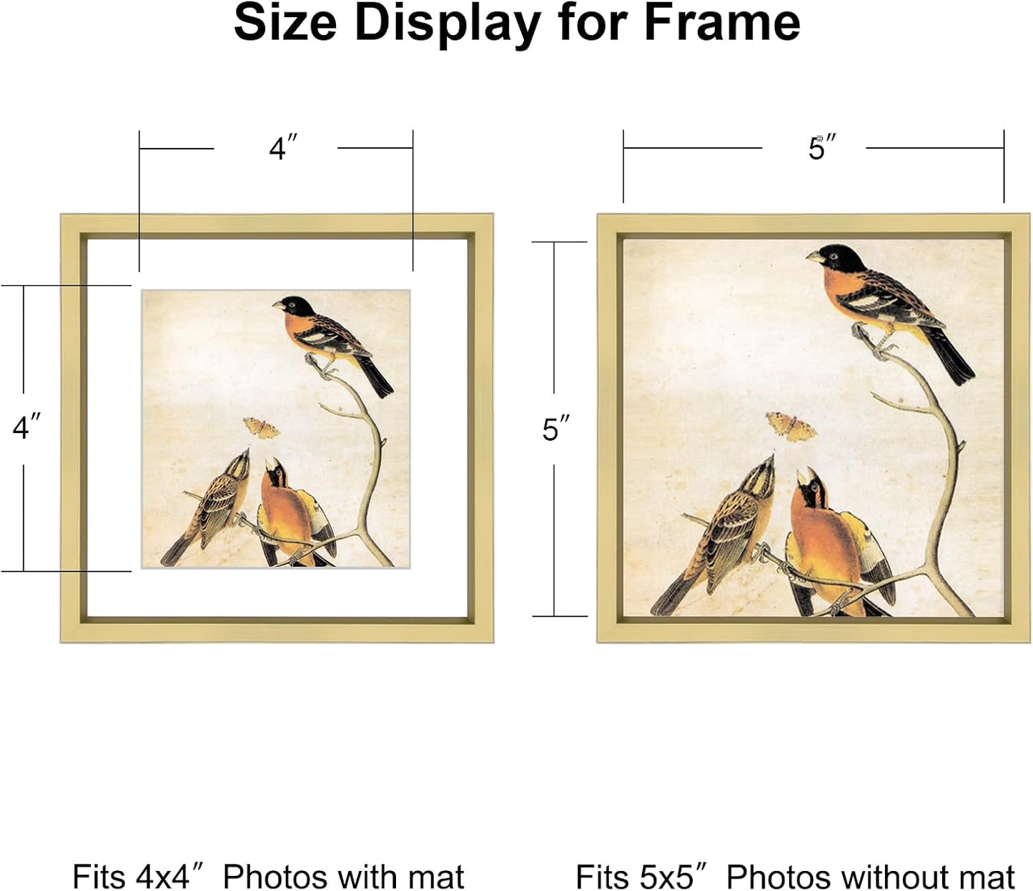 BKABOT 5x5 Brass Square Picture Frame HD Glass 3Pack 4x4 Mat Wall Table | Brushed aluminum photo frame, removable mat &