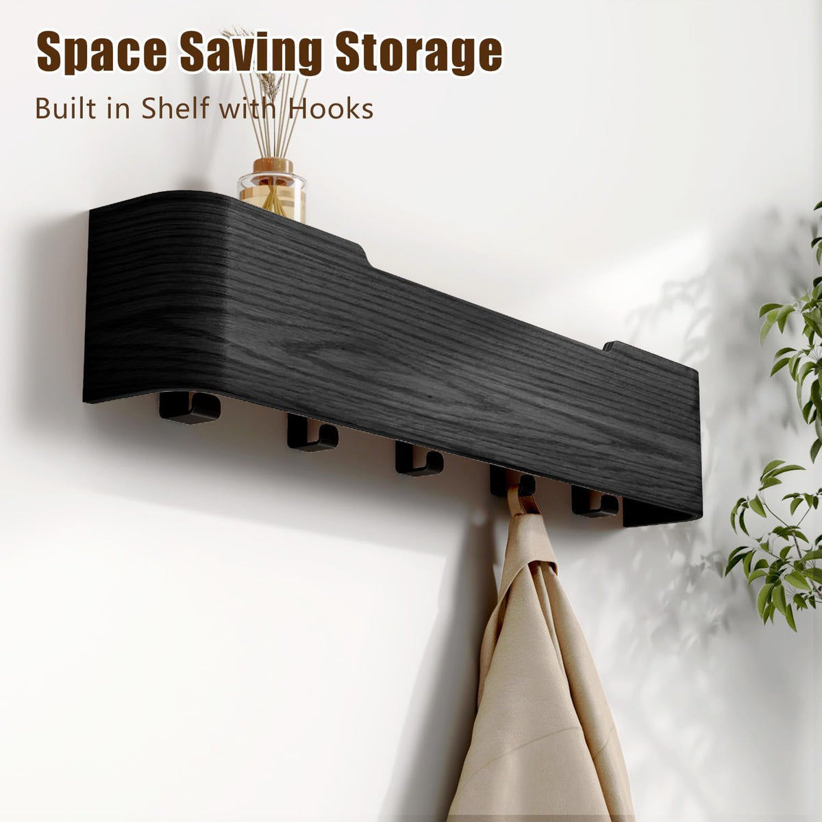 Coat Rack Wall Mount with Hidden Hooks, Wall Hooks with Shelf, Wall Key Holder Mount Wooden Shelf Entryway Hooks for