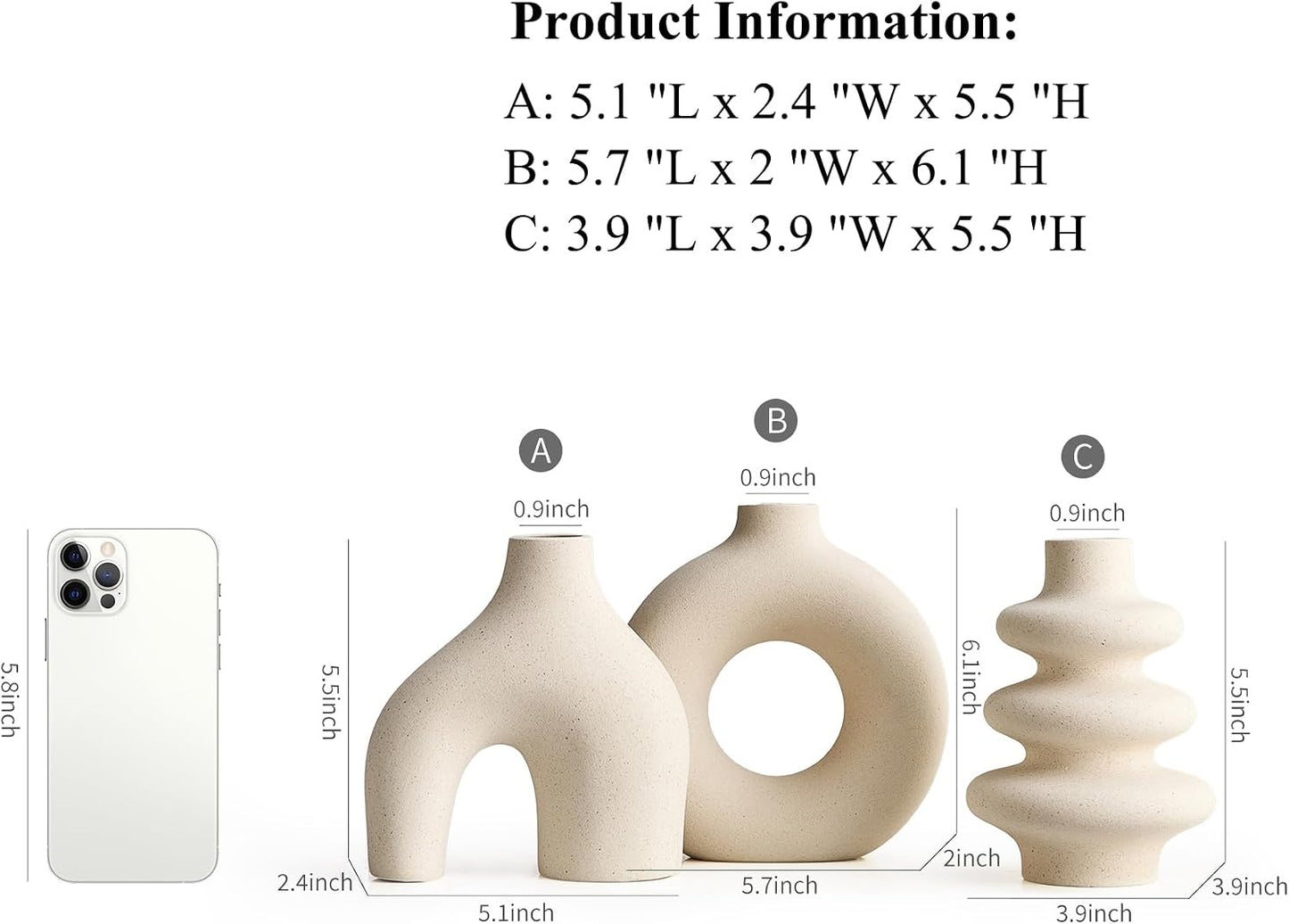 Ceramic Vase / Modern Boho Vase for Decor / White / Set of 3
