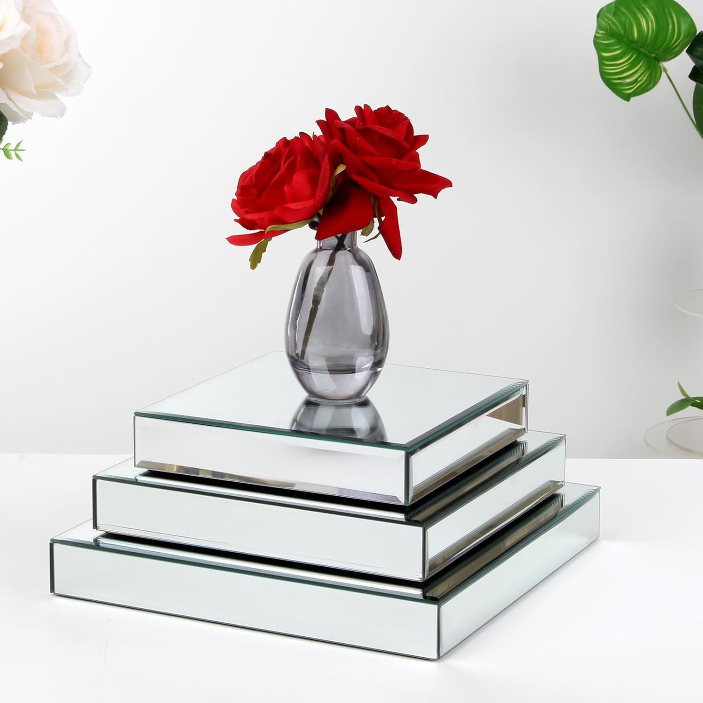 Square Mirror Reflection Display Platform Riser Stand / Silver
