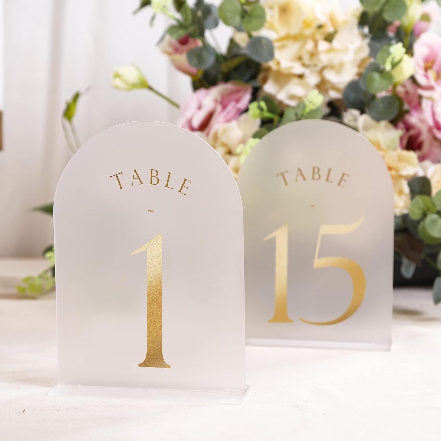 UNIQOOO Frosted Arch Wedding Table Numbers with Stands 1-30, Gold Foil Printed 5x7 Acrylic Display Signs and Holders