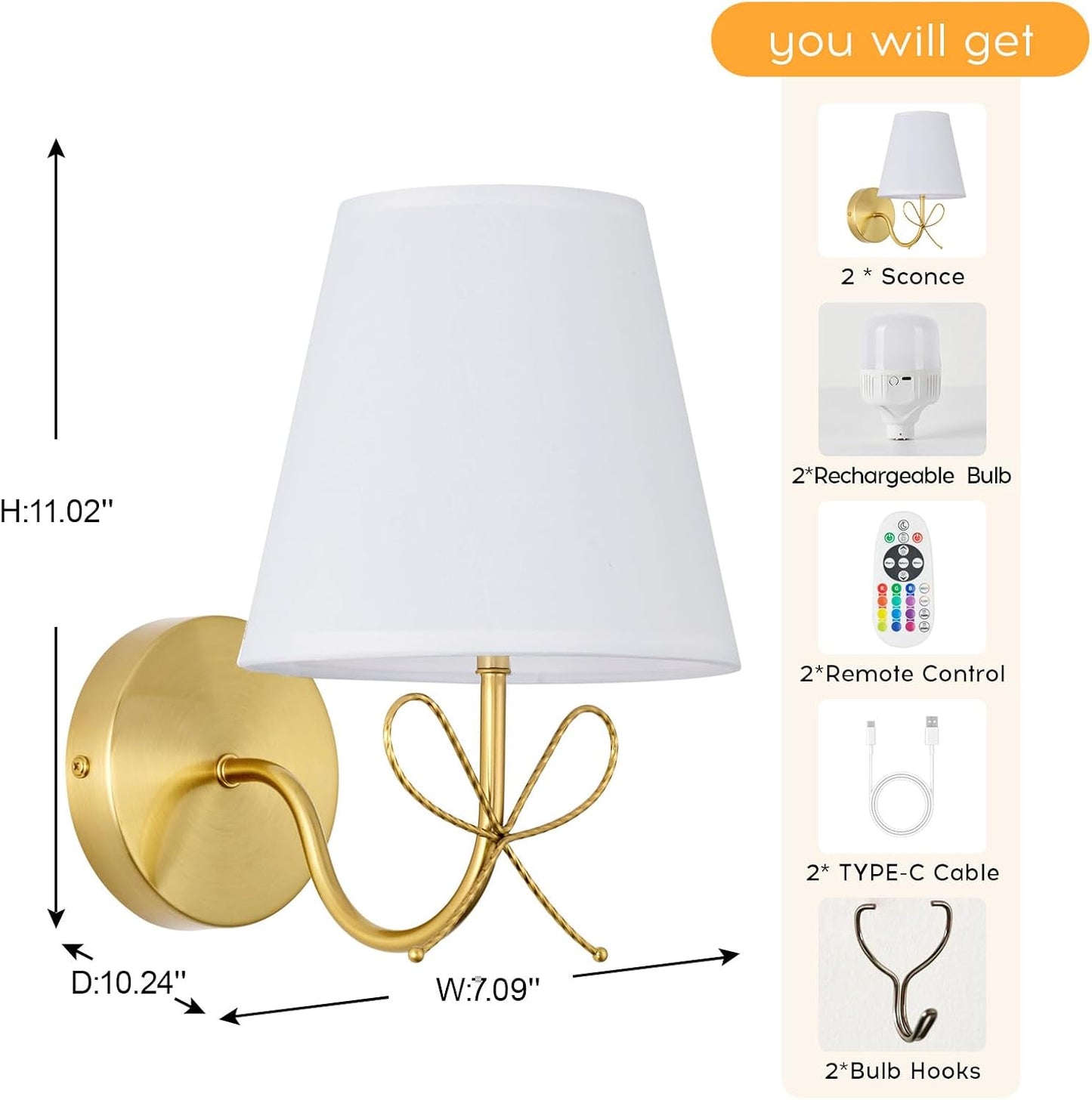 PASSICA DECOR Bow Wireless Battery Operated Wall Sconce Set of 2, Rechargeable Dimmable LED Lights 2×6500mAh with 15