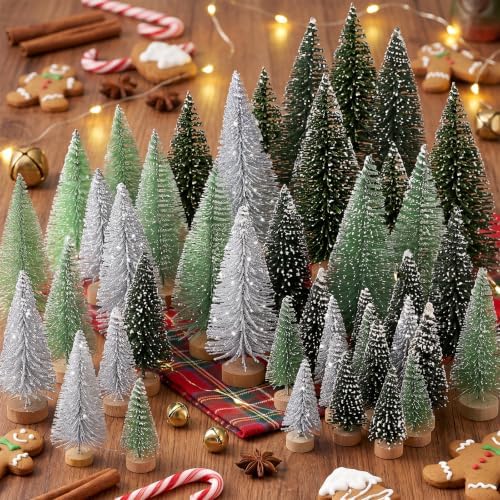 30pcs Mini Christmas Trees Artificial Christmas Tree Bottle Brush Trees with Wooden Base for Christmas Decor Party Home Table Craft Decorations (Silver,Green)