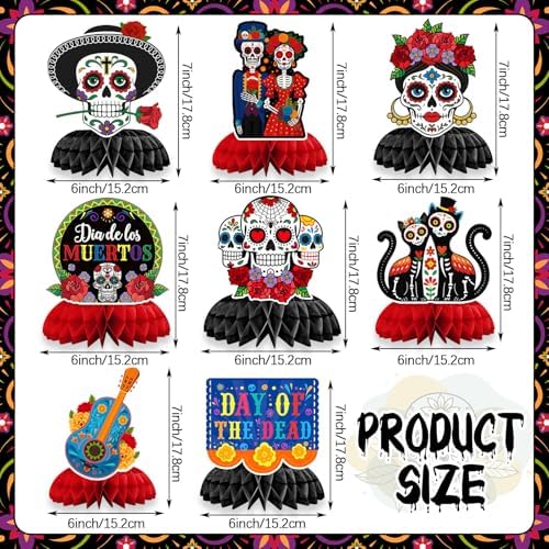 JULMELON 8Pcs Day of the Dead Decorations, Honeycomb Table Centerpieces
