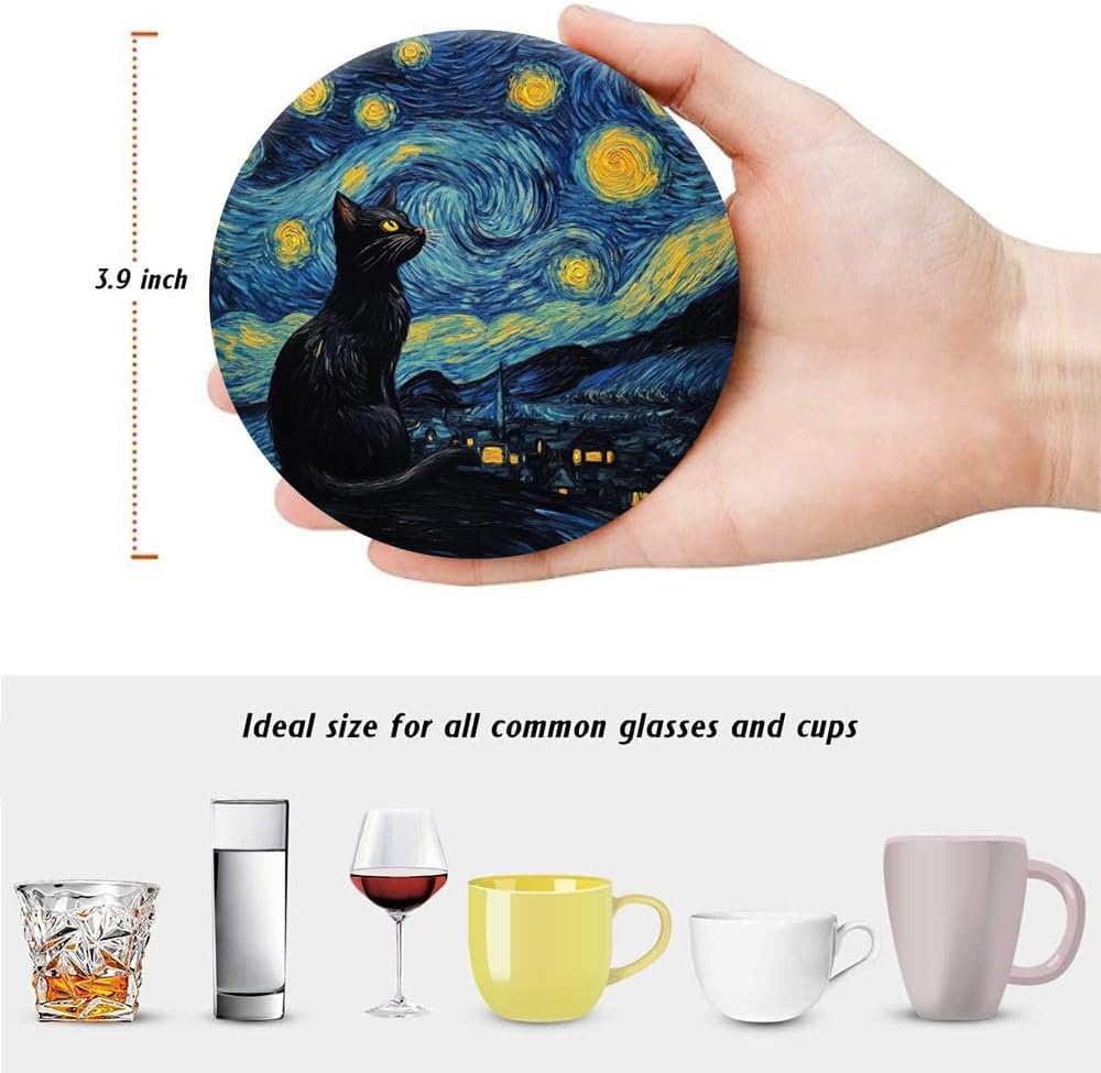Art and Absorbent Ceramic Stone Mat Coaster / Black Cat / Round / Set of 6