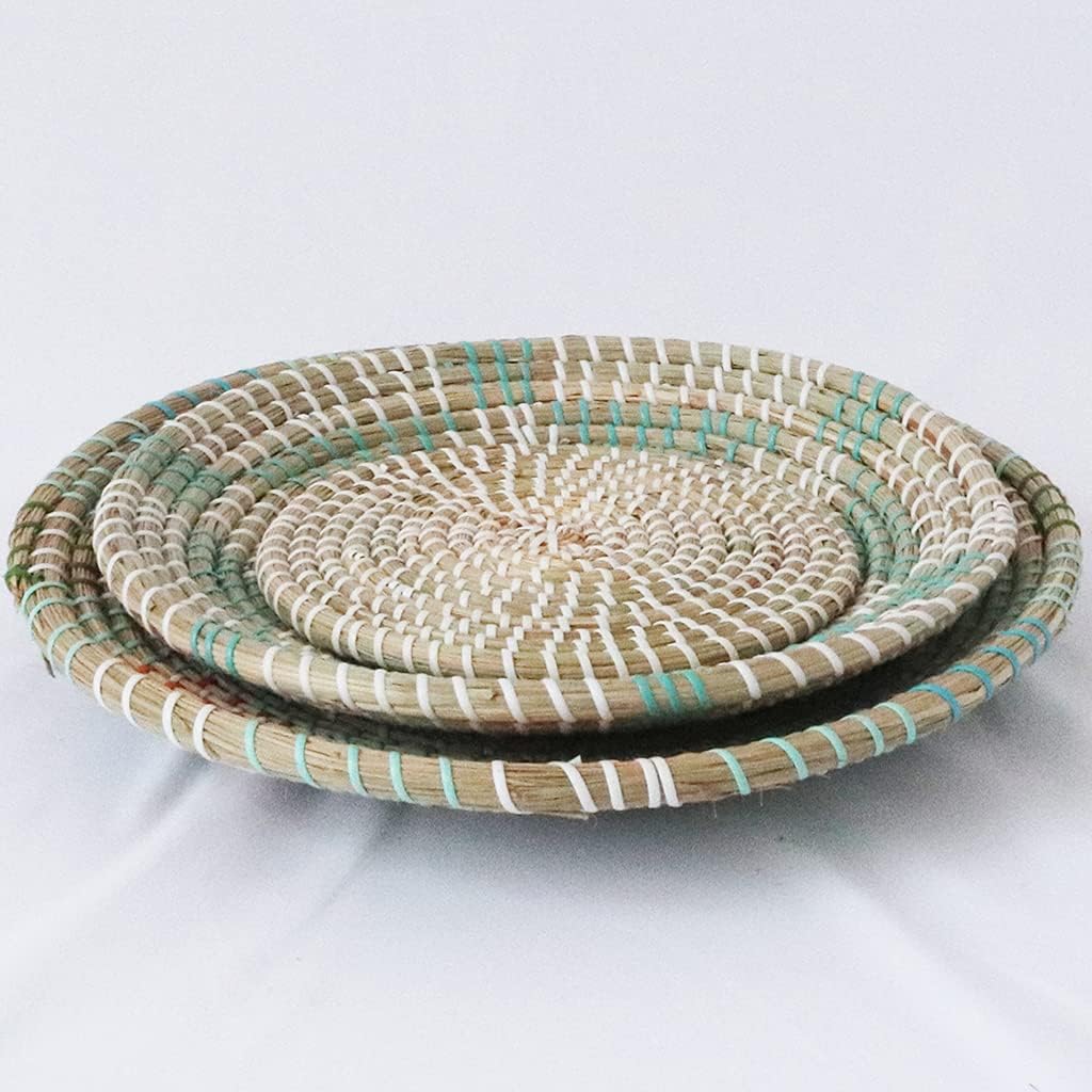Boho Woven Wall Basket Decor Handmade Seagrass Round Hanging Decorative Fruit Dessert / Set of 3