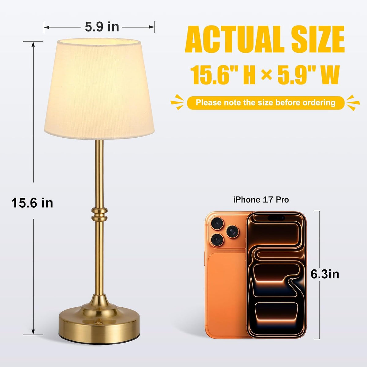 Kakanuo Cordless Table Lamp, Rechargeable Battery Operated, Brass, 1 Pack | 4000mAh Battery, USB-C Charging, 3000K Warm