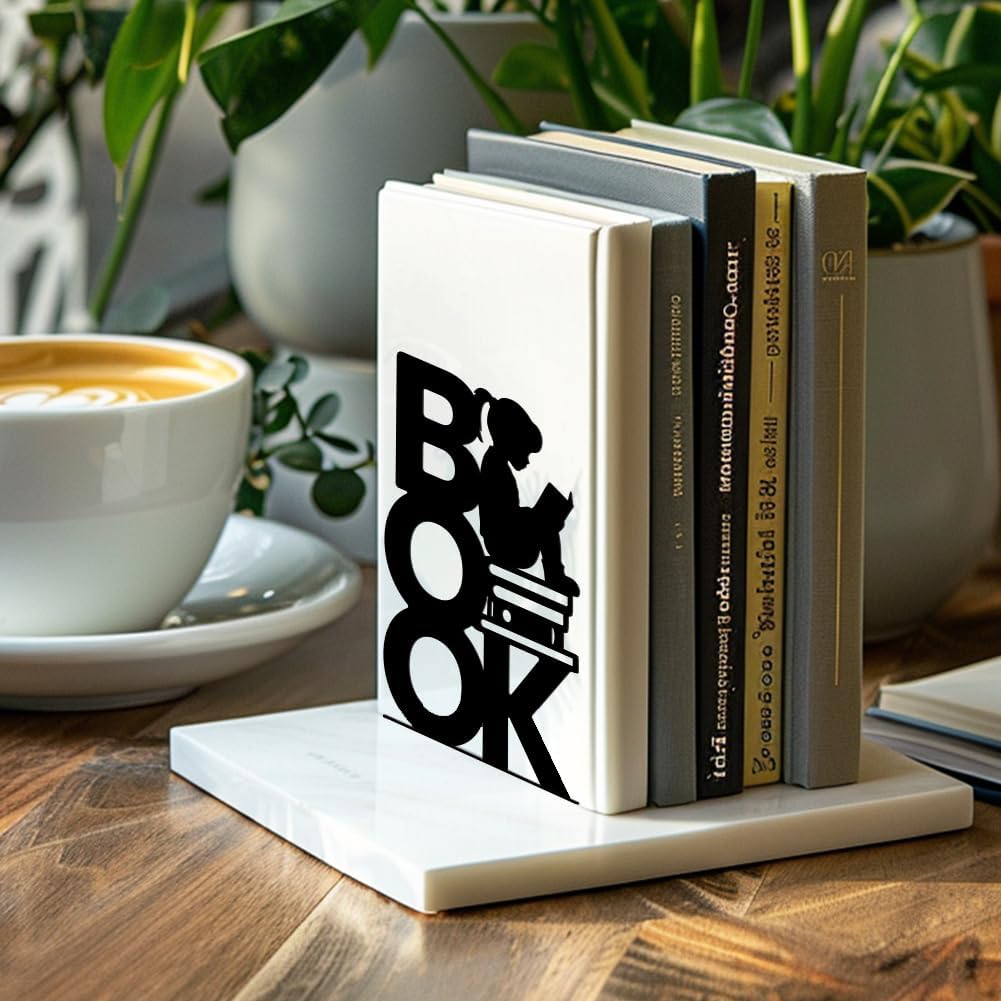 Metal Bookends / Modern Decorative Heavy Duty Study Book Support Stoppers / Book and Reading Girl